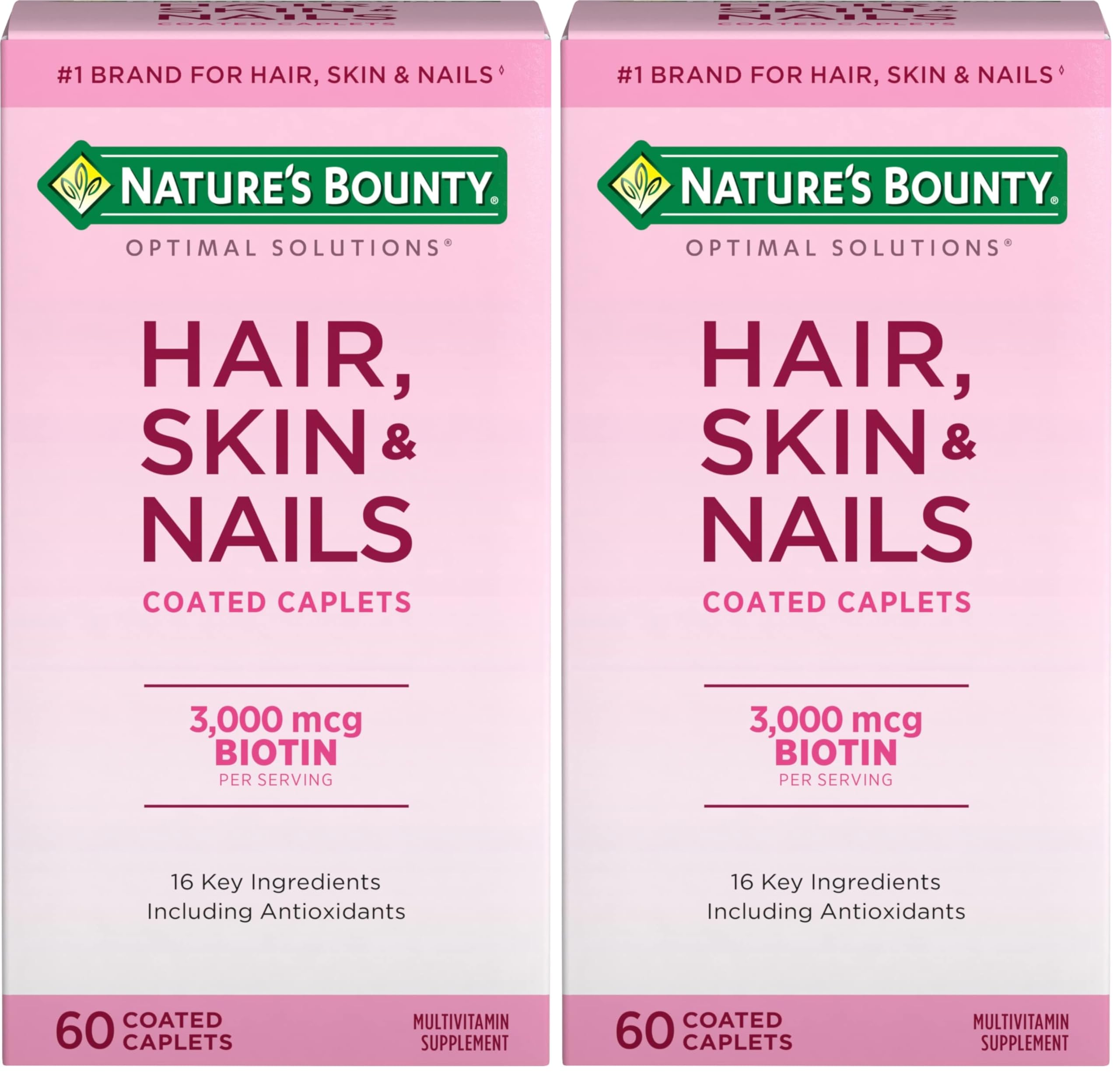 Nature's Bounty Optimal Solutions Hair, Skin & Nails Formula, with 3,000 mcg Biotin, 60 Coated Caplets, 20 Servings, (Pack of 2) Unflavored 60 Count (Pack of 2)