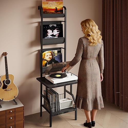 Miniatura 8 de Soporte para tocadiscos con almacenamiento de vinilo, mesa para tocadiscos con capacidad para hasta 200 álbumes, soporte giratorio de 5 niveles para