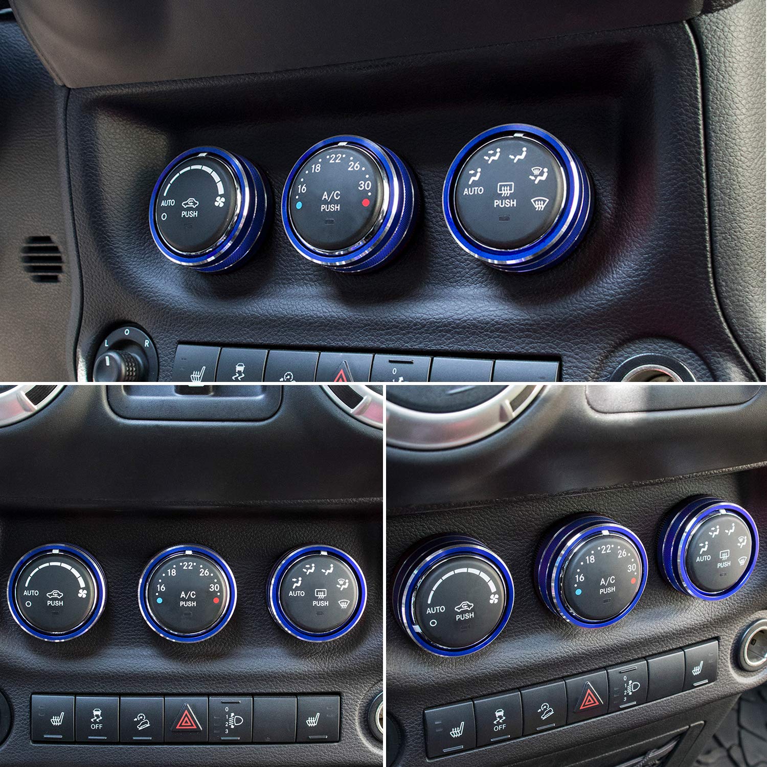 3pcs Audio Air Conditioning Button Cover Decoration Twist Switch Ring Trim Interior for Jeep Wrangler JK 11-18/ Patriot 10-17/ Compass 11-16/ Liberty 08-12,for Dodge Challenger 08-14 (Blue)