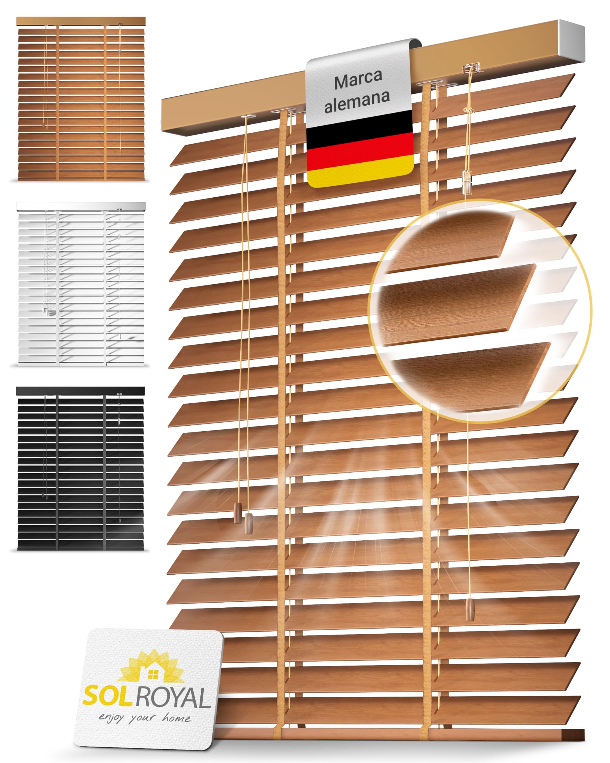 Sol Royal Persiana de Madera de 50 mm de Lamas Extra Anchas - Persiana para Ventana de 70x250 cm de Madera de fácil instalación en Pared y Techo - Roble - BE5