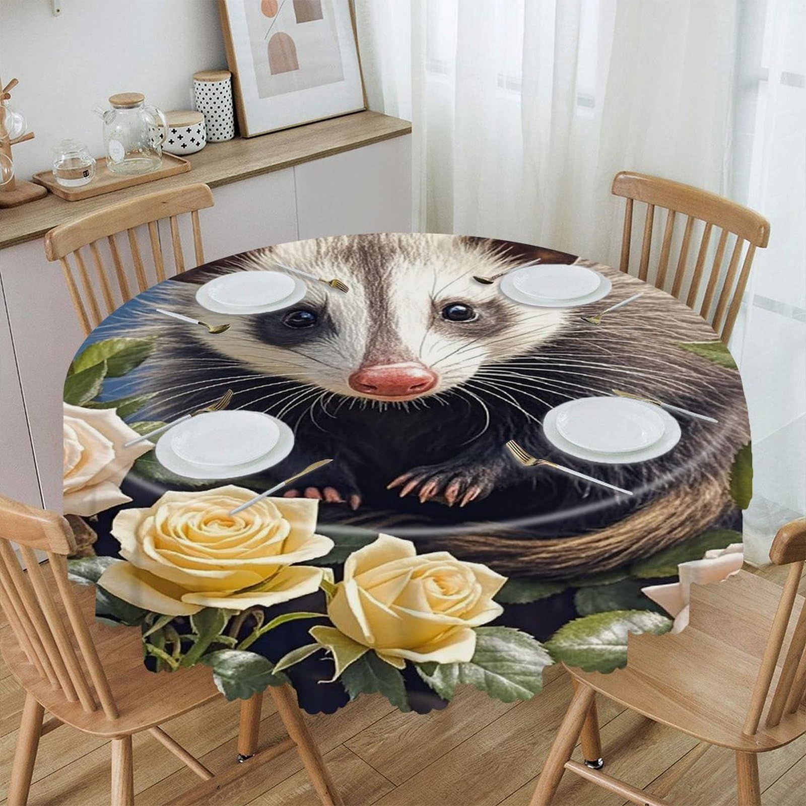 FekiLoot 60 Inch Round Opossum and Roses Tablecloth Waterproof Heavy Duty Polyester Table Cloth Spill-Proof Wipeable Table Cover Decorative Circle Dining Tablecover for Party Outdoor