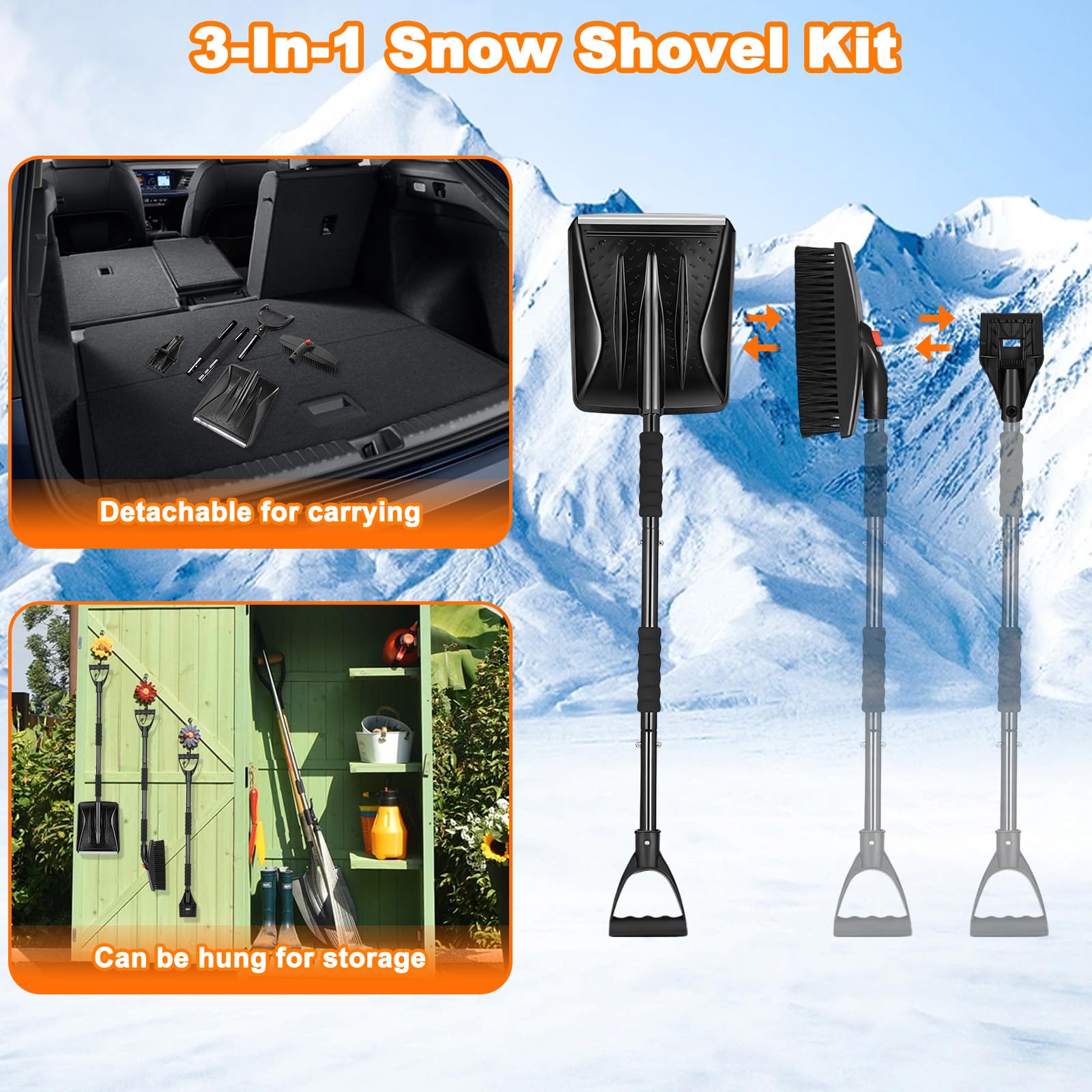 Pala da Neve Portatile, 112 Cm Staccabile Kit 3 In 1 Pala da Neve Retrattile Con Raschietto per Ghiaccio e Spazzola da Neve per Ghiaccio, Neve, Graniglia per Vialetto Auto