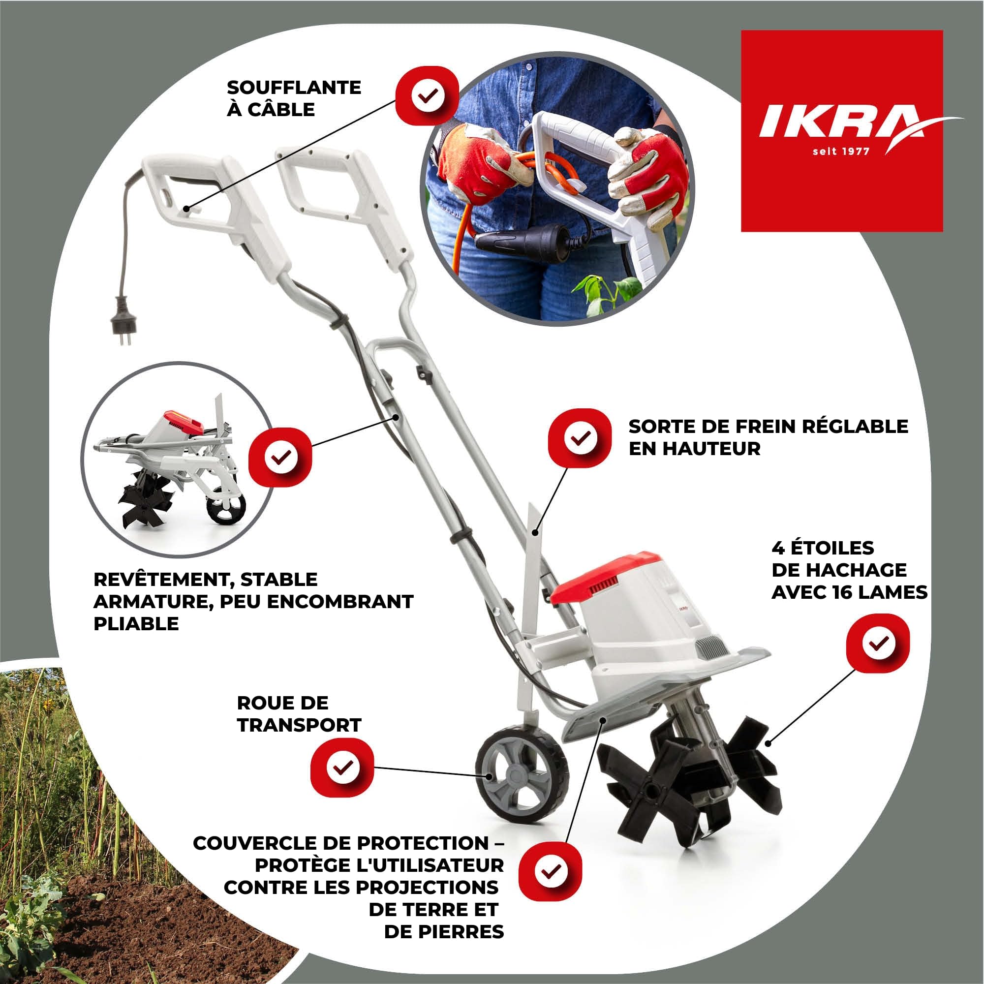 IKRA motoculteur électrique IET 1030, Largeur 30 cm, Profondeur 20 cm | 1080 W, talon de frein, roue de transport, pliable pour un rangement peu encombrant, protection contre les surcharges