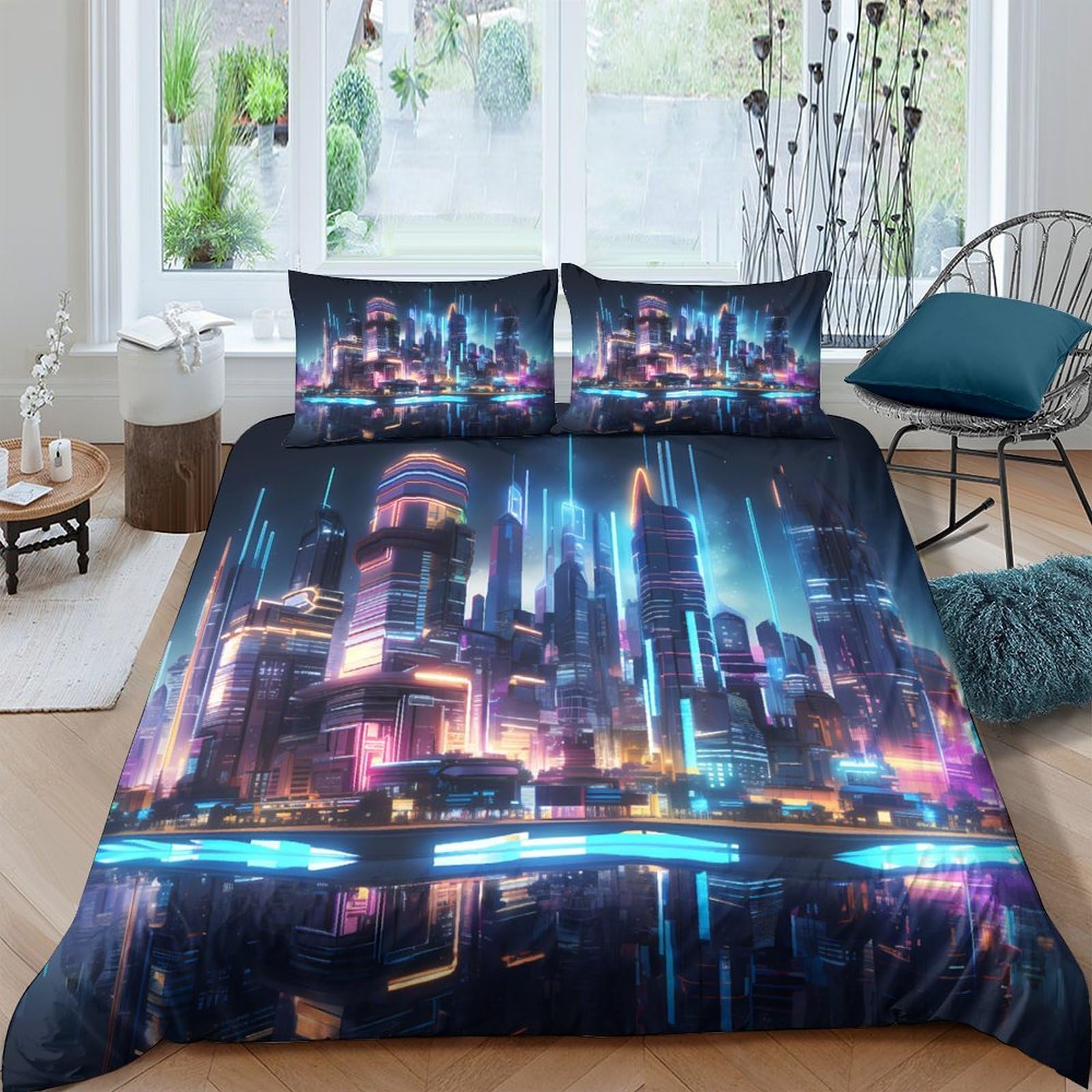 Ctjqhvkz Style-9 3D Printed Neon Cityscape Fitted Sheet Microfiber Soft Urban Night Skyline Bed Cover For Modern Bedroom Dorm Decor Single（135X200cm）