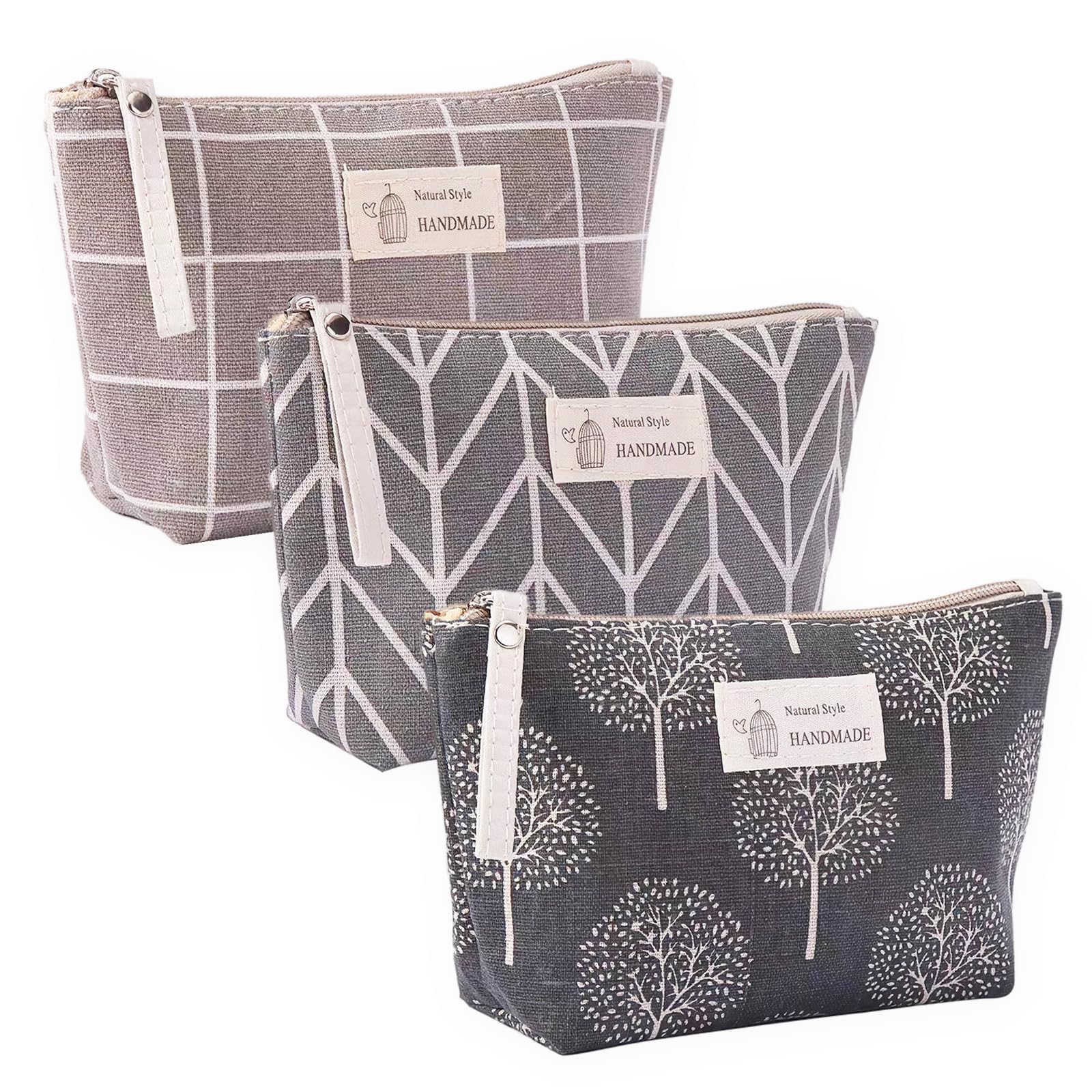 NALACAL 3 Pieces Canvas Cosmetic Bags Set Printed Makeup Bags with Zipper Multi-Functional Travel Pouch for Women Girls Vacation Travel Toiletry Bag, 3 Styles