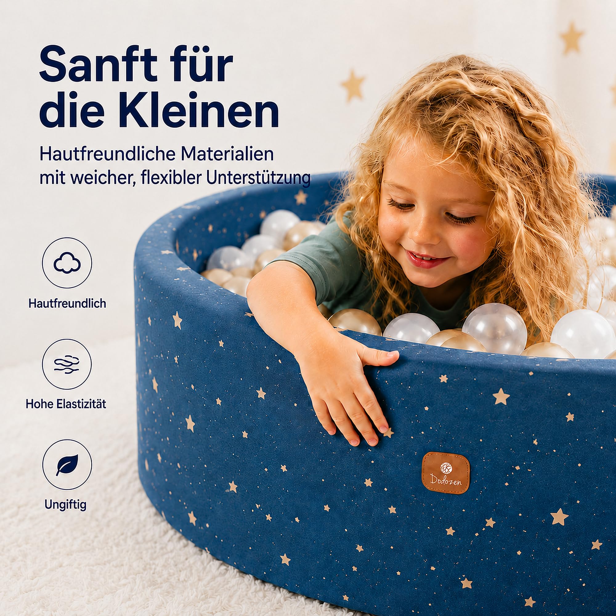 Bällebad 90X30cm/200 Bälle ∅ 7Cm Bällepool Für Babys Kinder Rund,Superweicher Samt,Abnehmbar und waschbar,Nachthimmel:Weiß/Transparent/Gold