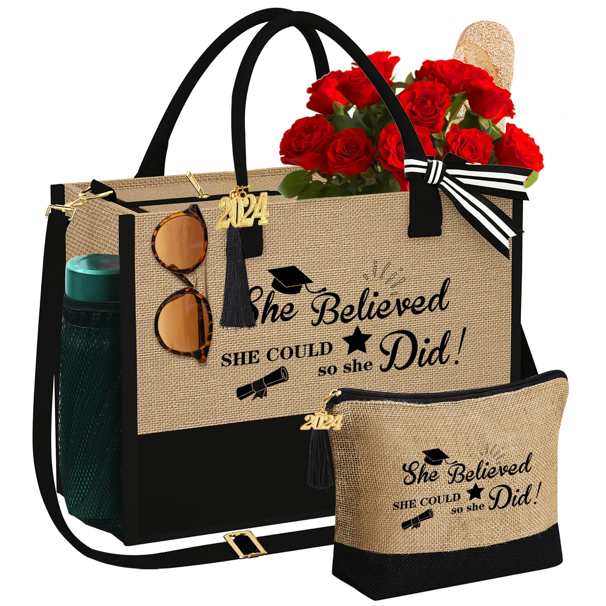 Gifts for Women - Initial Jute Tote Bag & Makeup Bag Adjustable Strap Graduation Gifts Birthday Gifts for Women Her