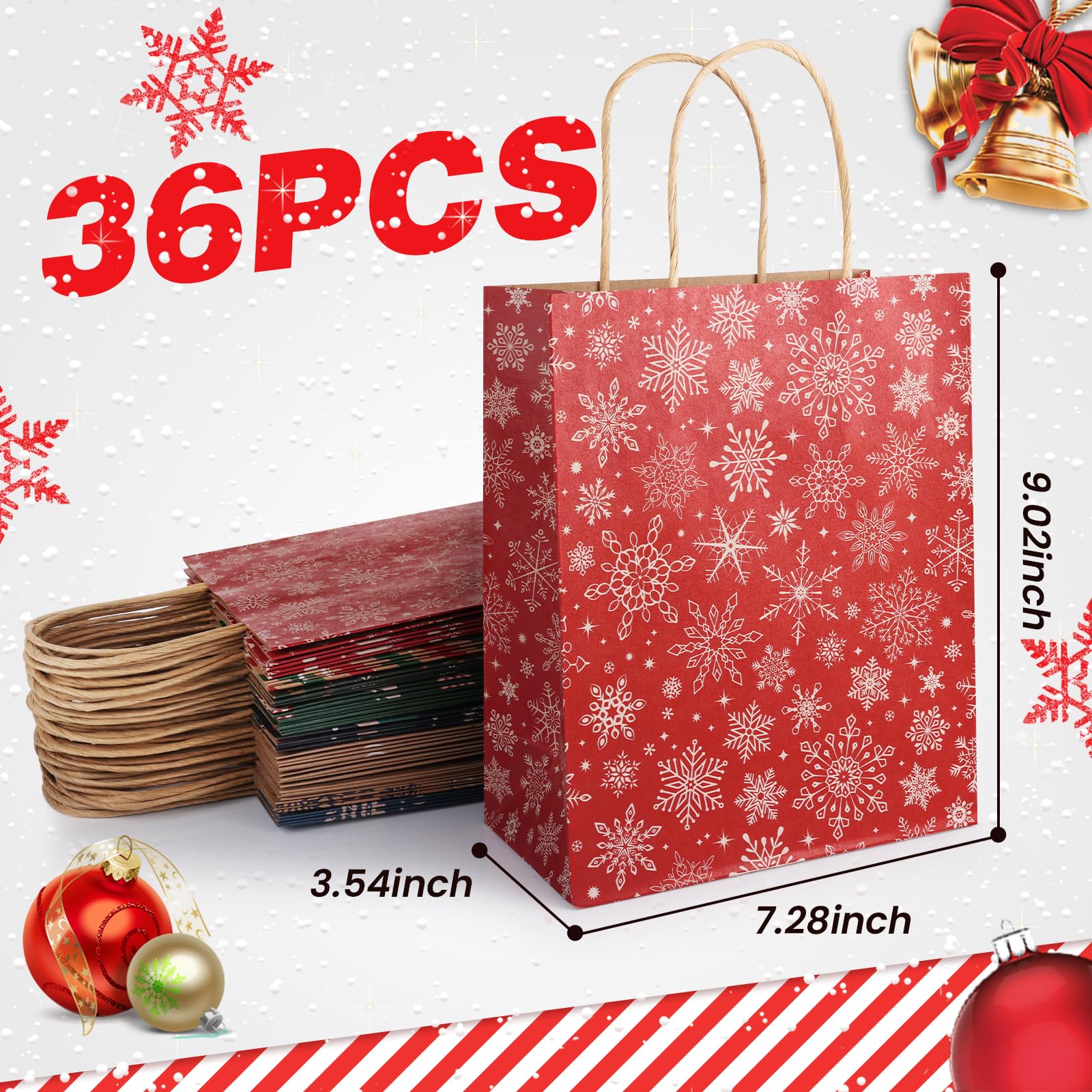 DeckTheHalls Bolsas de Navidad, pequeñas bolsas de papel kraft para vacaciones, paquete de 36 y 12 estilos de bolsas de regalo a granel con asas, bolsas de venta al por menor, bolsas de fiesta, bolsas