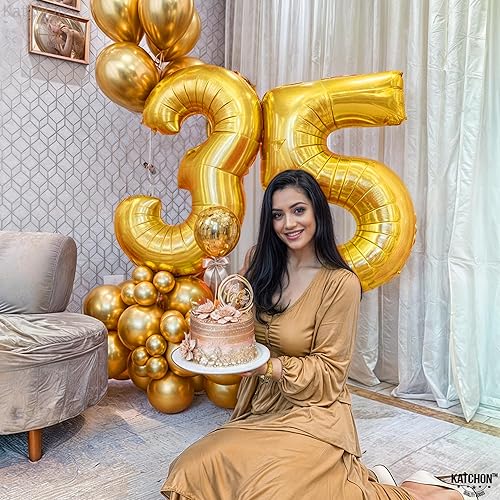 Miniatura 3 de KatchOn, Globo dorado de 40 pulgadas con el número 35, lámina de Mylar reutilizable, decoraciones de cumpleaños 35 para hombres y mujeres, cinta de