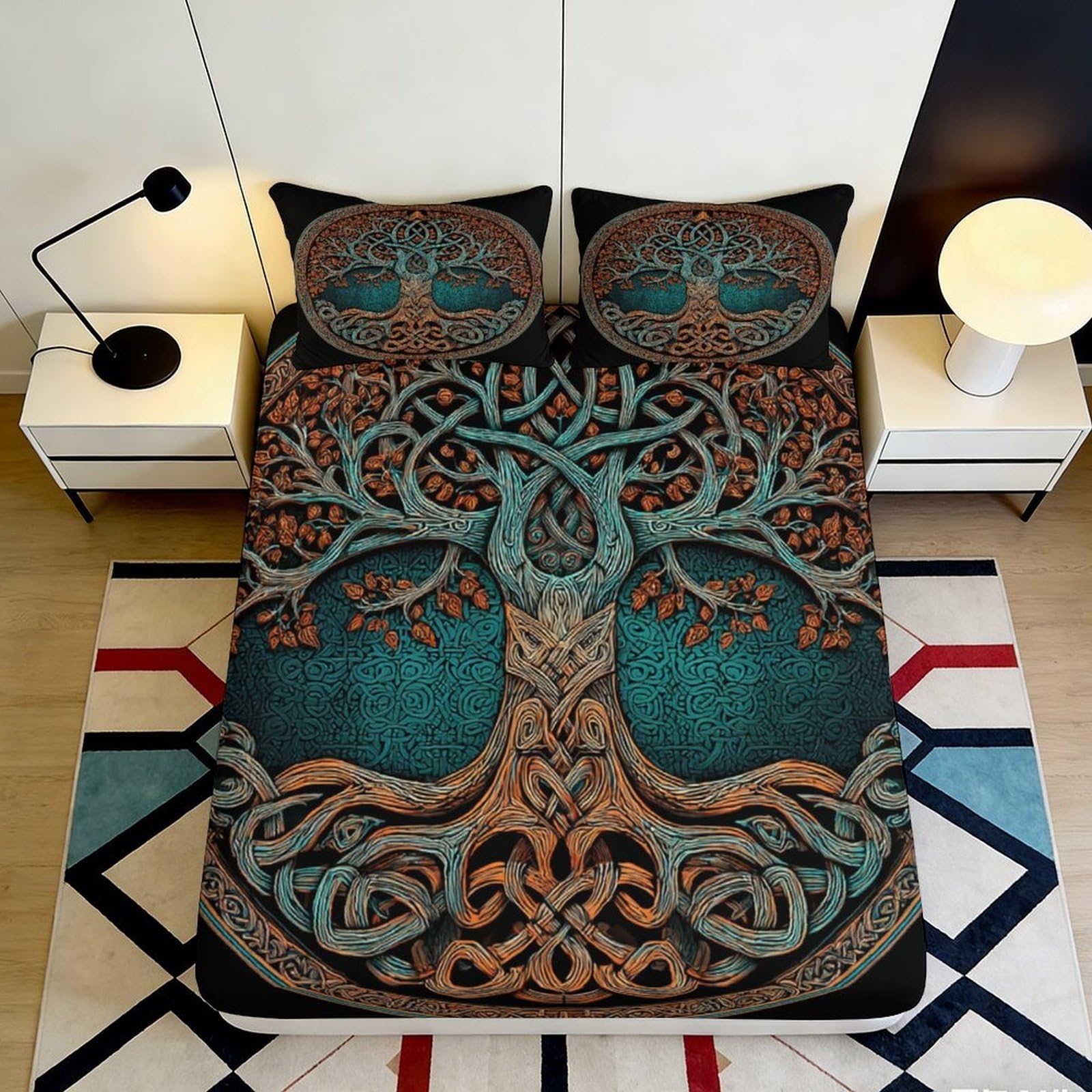 3D Printed Celtic Tree of Life Fitted Sheet Microfiber Non Slip Mattress Cover Nordic Roots Decor for Bedroom 160x200x25cm