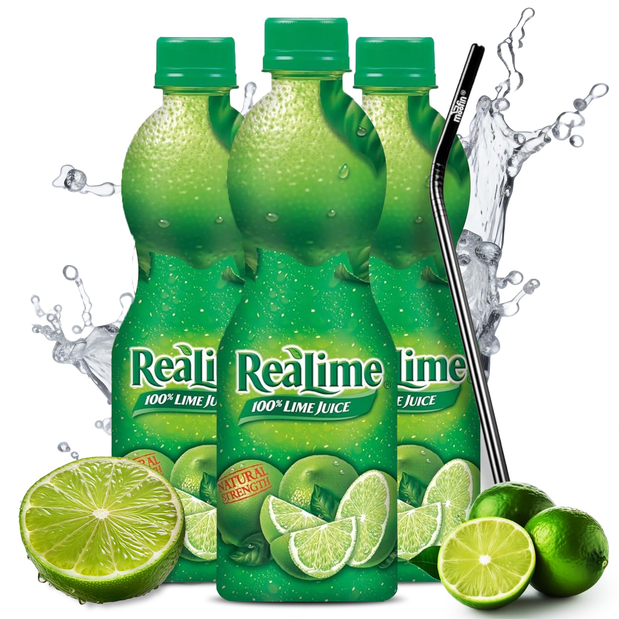 ReaLemon Realime Lime juice, 8 Fl Oz - Fresh Lime Juice, for Drinks, Meals & Snacks, Natural Zesty Flavor with Moofin SS Metal Straw, 100% Natural, No Artificial Flavors, Lime Juice Bottle (Pack of 3