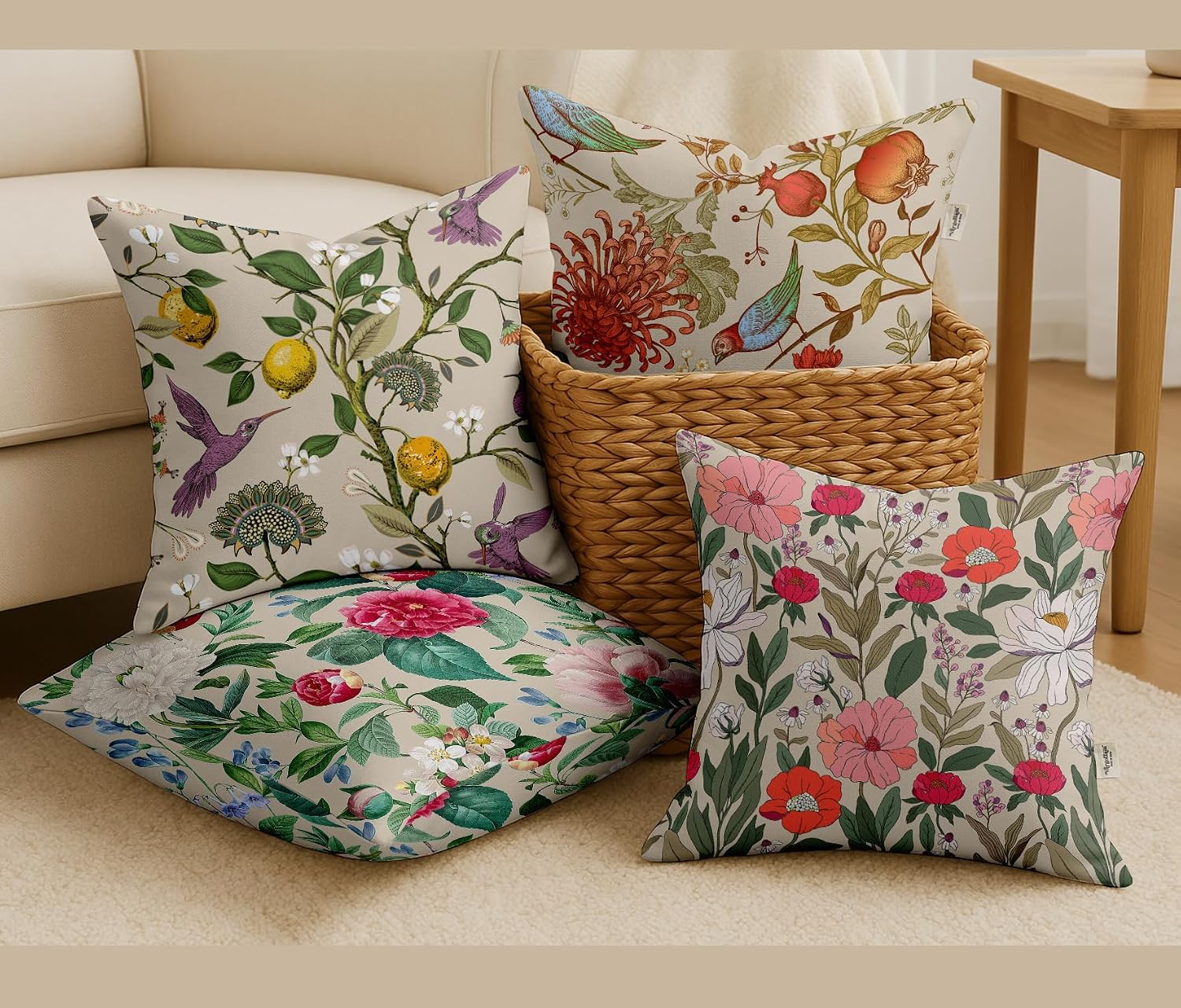16x16 Inch Cushion Covers Set of 4 - Premium Cotton, Floral Print, Reversible Printed Pillow Covers with Concealed Zipper - Beige