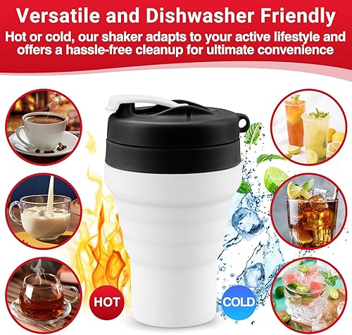 Miniatura 7 de Botella mezcladora de proteínas plegable, tapa a prueba de fugas, de grado alimenticio, coctelera de 20 onzas, vaso mezclador de silicona