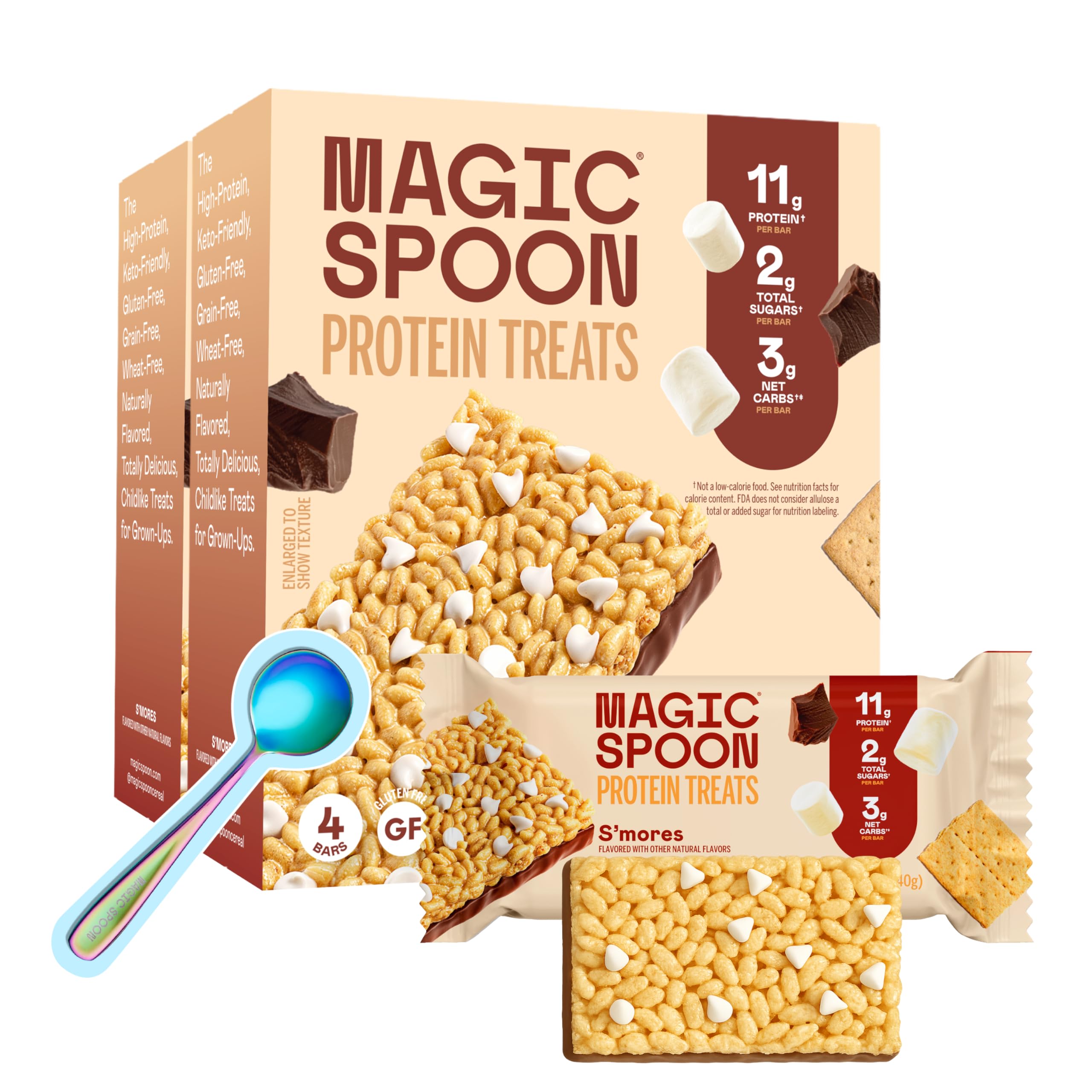 MAGIC SPOON Treats - High Protein, Low Carb, Keto Friendly, Low Sugar, Gluten Free, Crispy Protein Bar Cereal Bar, On-The-Go Healthy Snack (Smores, 8 Bars)