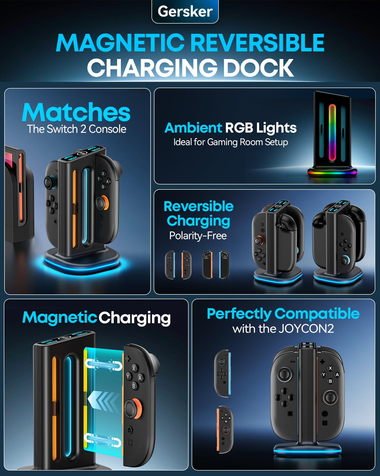 Chargeur Manette Switch 2 pour Joy-Con 2, Station de Charge Joycon 2 avec Effets RVB, Indicateurs de Charge Intelligents, Accessoires et Rangement (Non Compatible avec Manettes Switch Originales/OLED)
