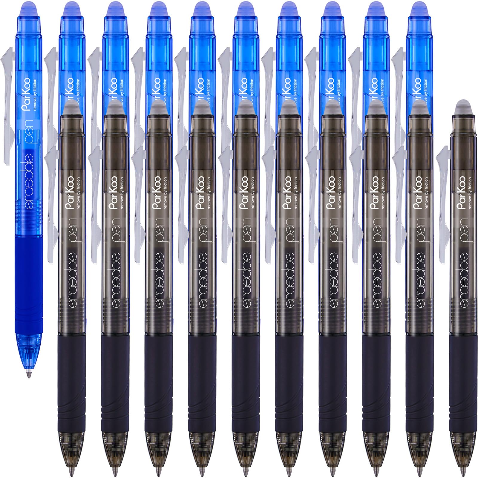 ParKoo Bolígrafos retráctiles de gel borrables con punta fina de 0,7 mm, sin necesidad de blanquear, 10 tintas negras y 10 azules para completar sudoku y crucigramas