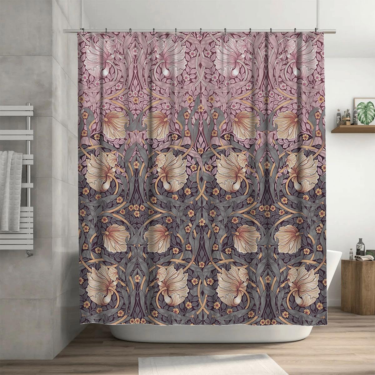 WWOOPLL William Morris Shower Curtain Set with 12 Hooks, Bath Curtains Waterproof Polyester Fabric, Dusty Pink Teal Pimpernel Floral Home Bathroom Bathtubs Decor Washable Durable Fabric, 180x180 cm