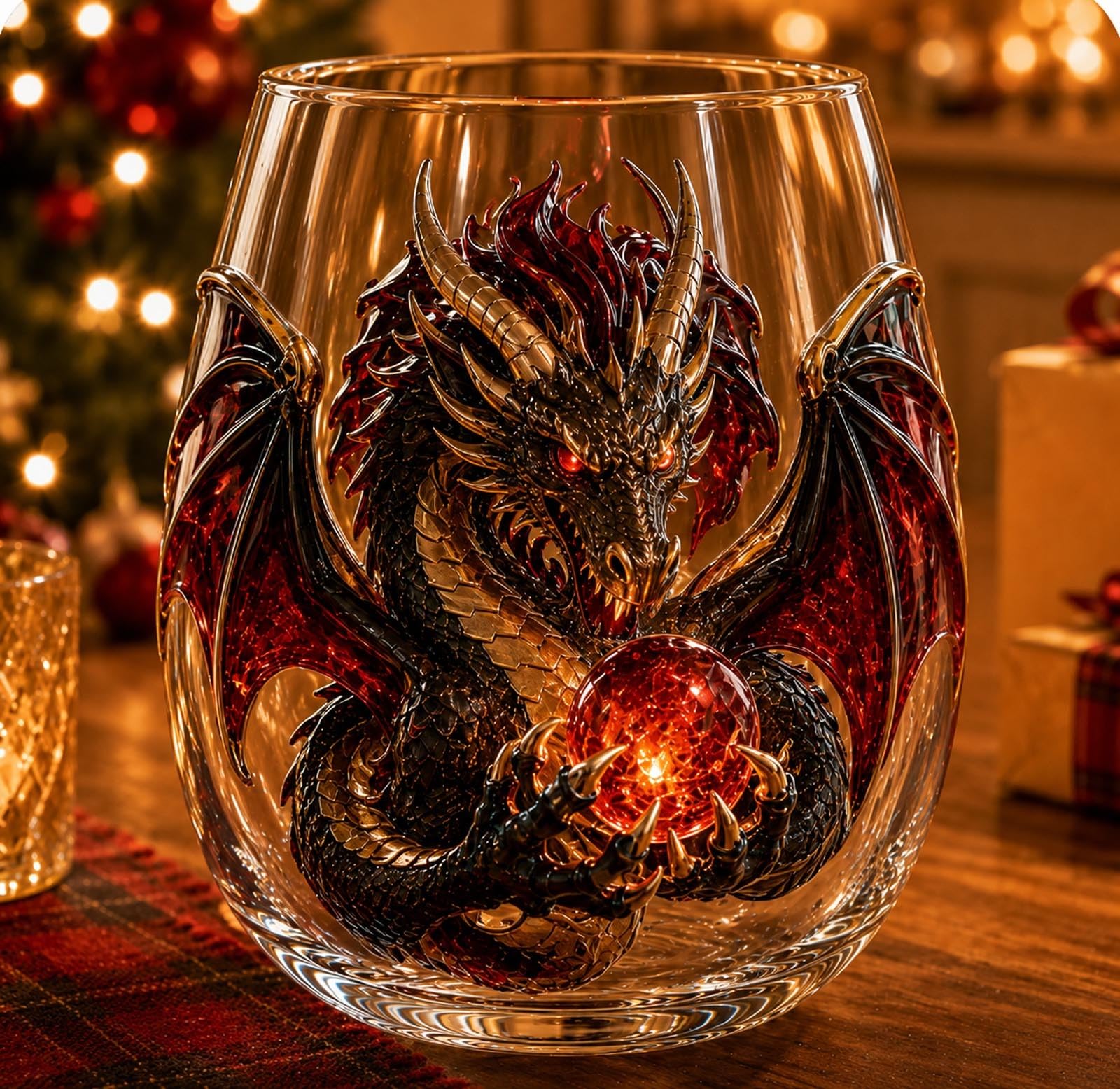 Whiskey Glass Dragon Drinkware, 3D Mythic Dragon Fantasy Whiskey Glass, Stemless Gothic Crystal Ball Glass Cup for Home Bar Party Decor, Halloween Holiday Gift, E