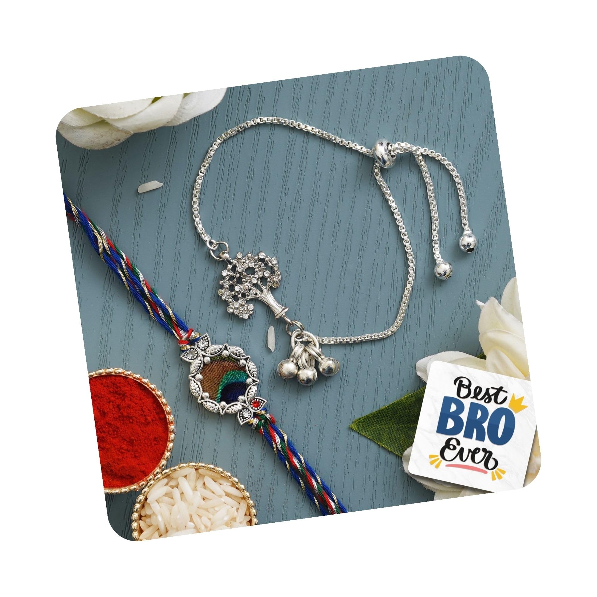 eCraftIndia Set of 2 Colorful Peacock Feather and Tree Design Bracelet Silver Rakhi for Brother and Bhabhi with Best Bro Ever Fridge Magnet and Roli Chawal Pack-image-36