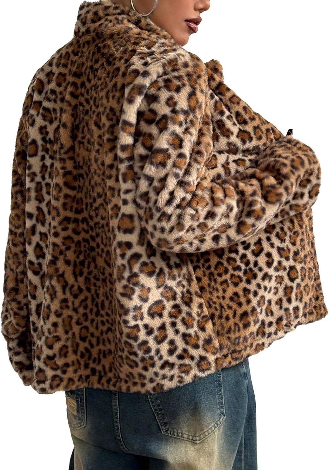 Sexyshine Women's Faux Fur Leopard Coat Winter Fall Lapel Collar Fuzzy Furry Button Down Fleece Fur Short Blazer Jackets - Image 2