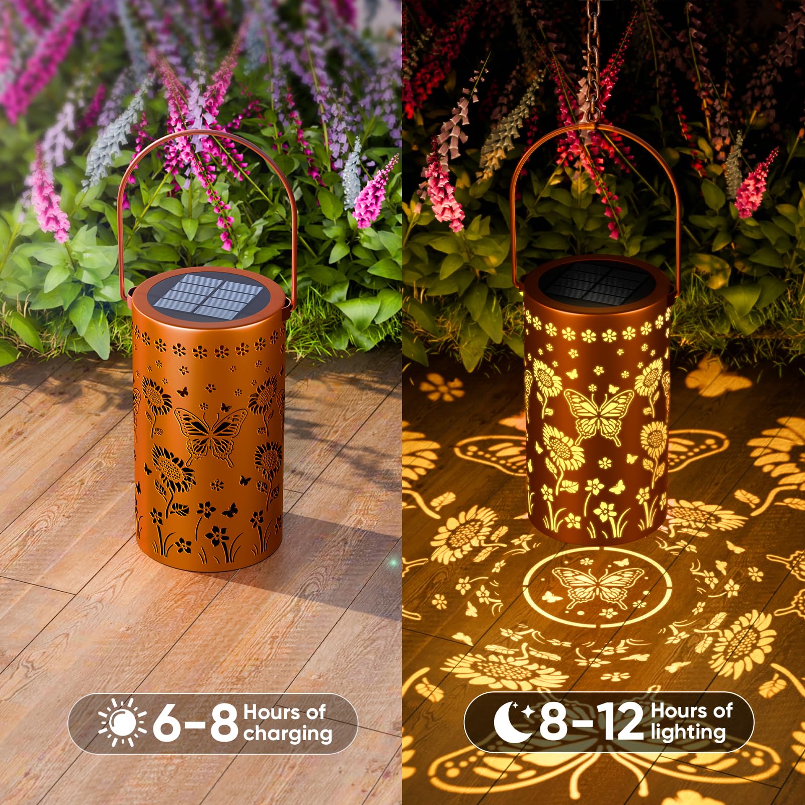 Lanterne solari impermeabili per esterni, lanterna decorativa con motivo girasole e farfalle, per giardino, patio, cortile, regalo da donna per proprietari di case e coppie, confezione da 2