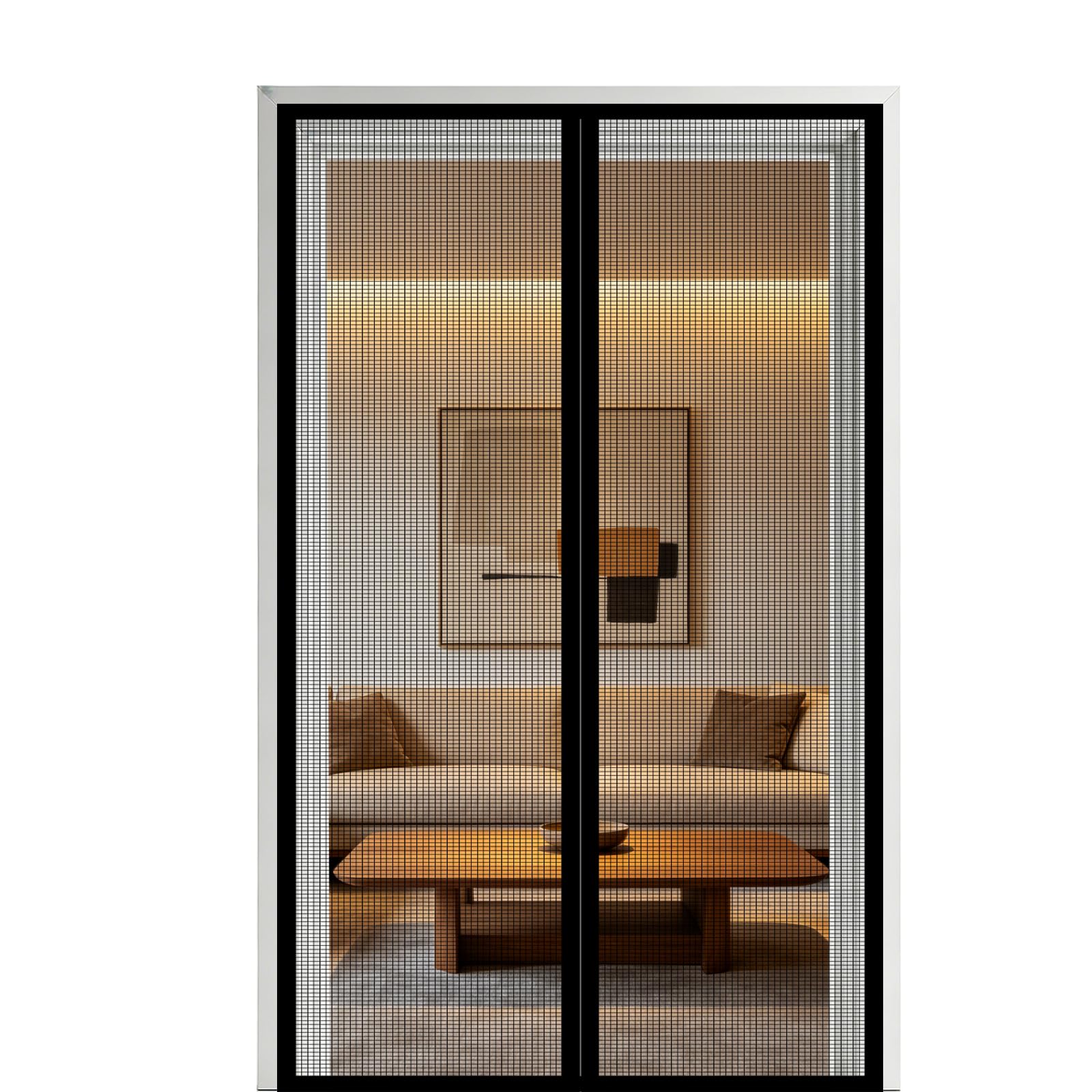 Screen Door 160 x 205 cm Self Sealing Powerful Magnets Auto-Close Insect Curtain with Powerful Magnets & Full Frame Magic Tape Suitable for Patio Doors Balcony Bedroom, Black