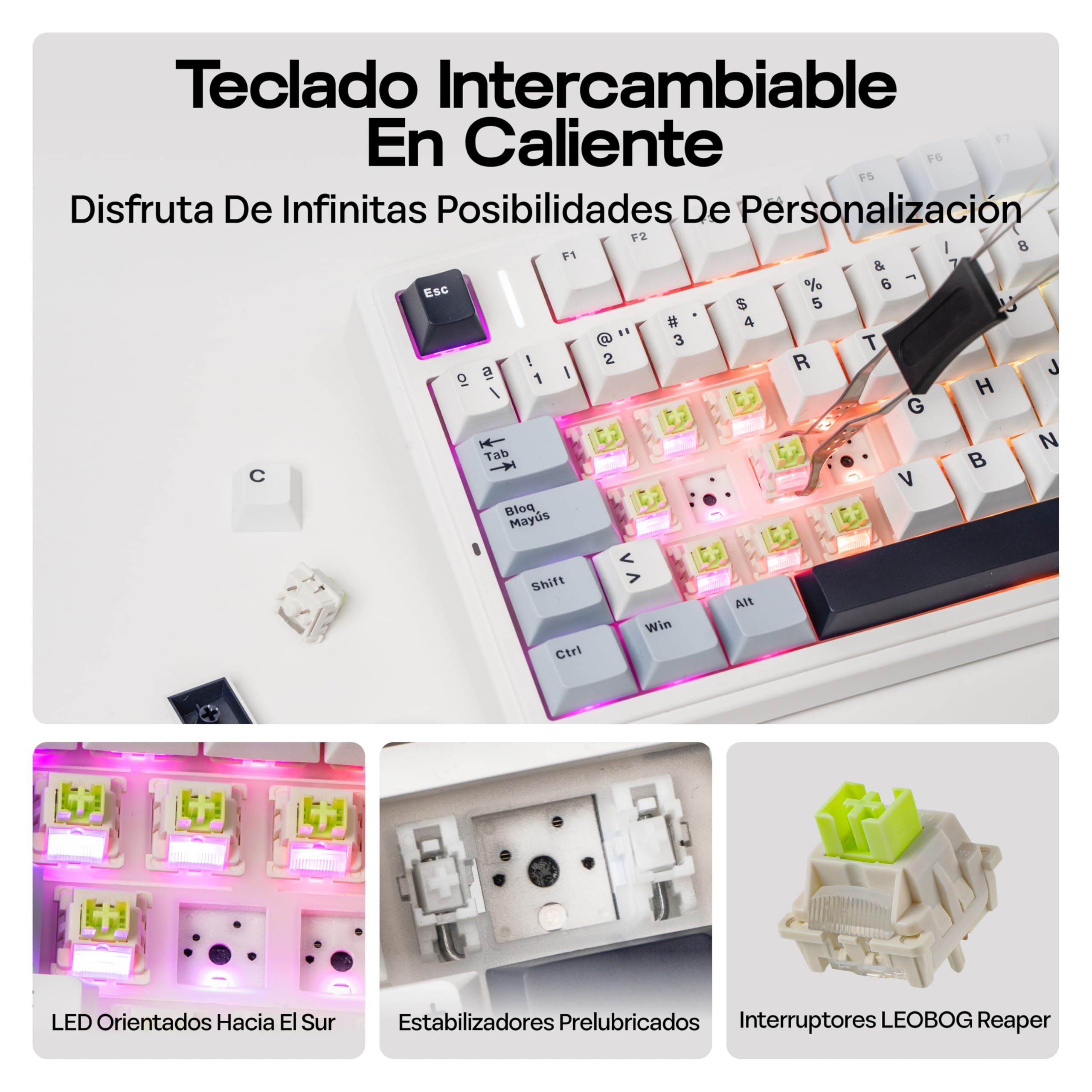 MechLands Aula F75 75% Teclado Mecánico para Gaming, Distribución QWERTY Español, Retroiluminación RGB, Teclado BT5.0/USB-C/2,4 GHz con Mando Giratorio, Reaper Switches para Win/Mac (Azul Claro)