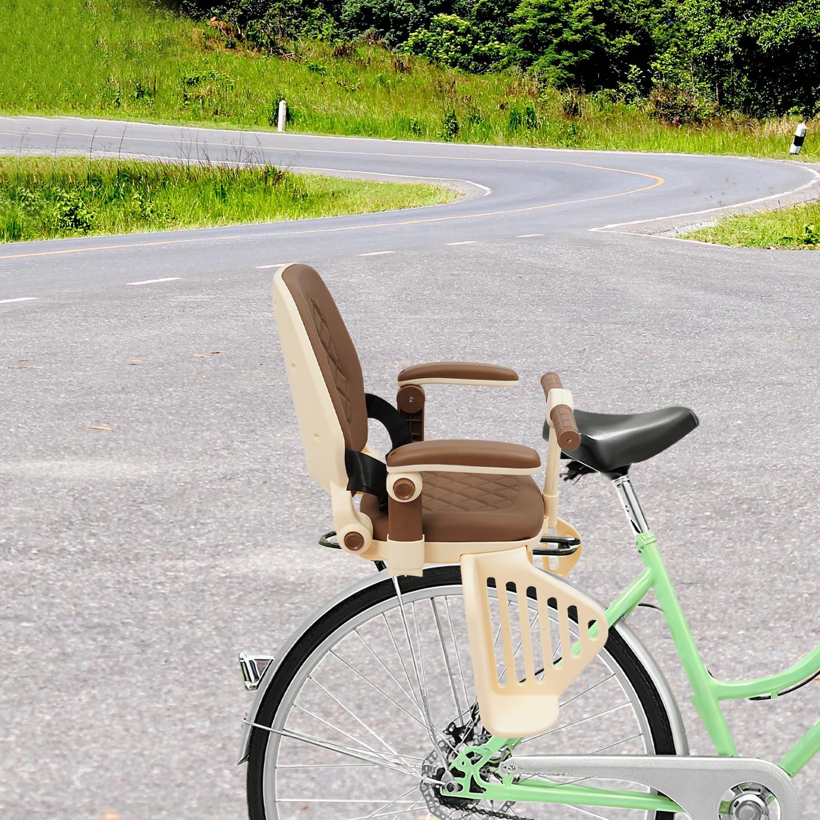 Siège enfant de vélo arrière jusqu'à 50 kg, pour vélo et VTT, dossier réglable (90°/120°/160°), ceinture de sécurité et repose-pieds - Facile à monter (café au lait)