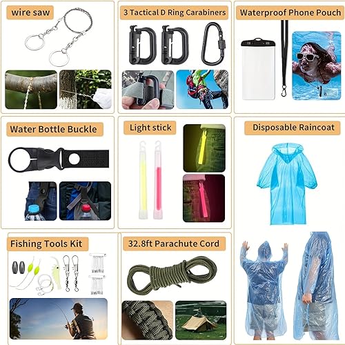 Miniatura 7 de Kit de supervivencia, 252 piezas de equipo de supervivencia con bolsa compatible con sistema Molle y tienda de emergencia, kit de emergencia para