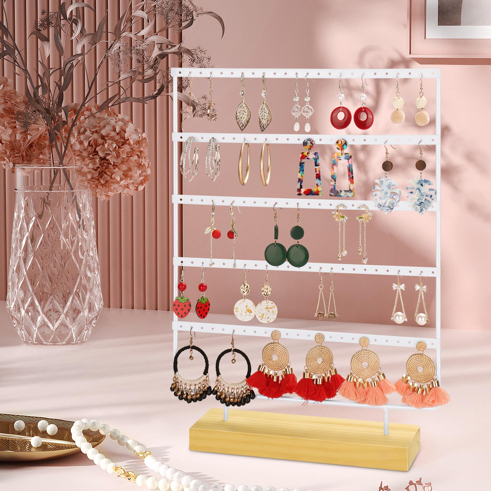 Porte Boucle D'oreille, Organisateur De Bijoux à 5 Niveaux, à 120 Trous, Presentoir Boucle D'oreille Avec Base En Bois, Boucles D'oreilles Pour Le Rangement à Domicile Ou L'affichage En Magasin