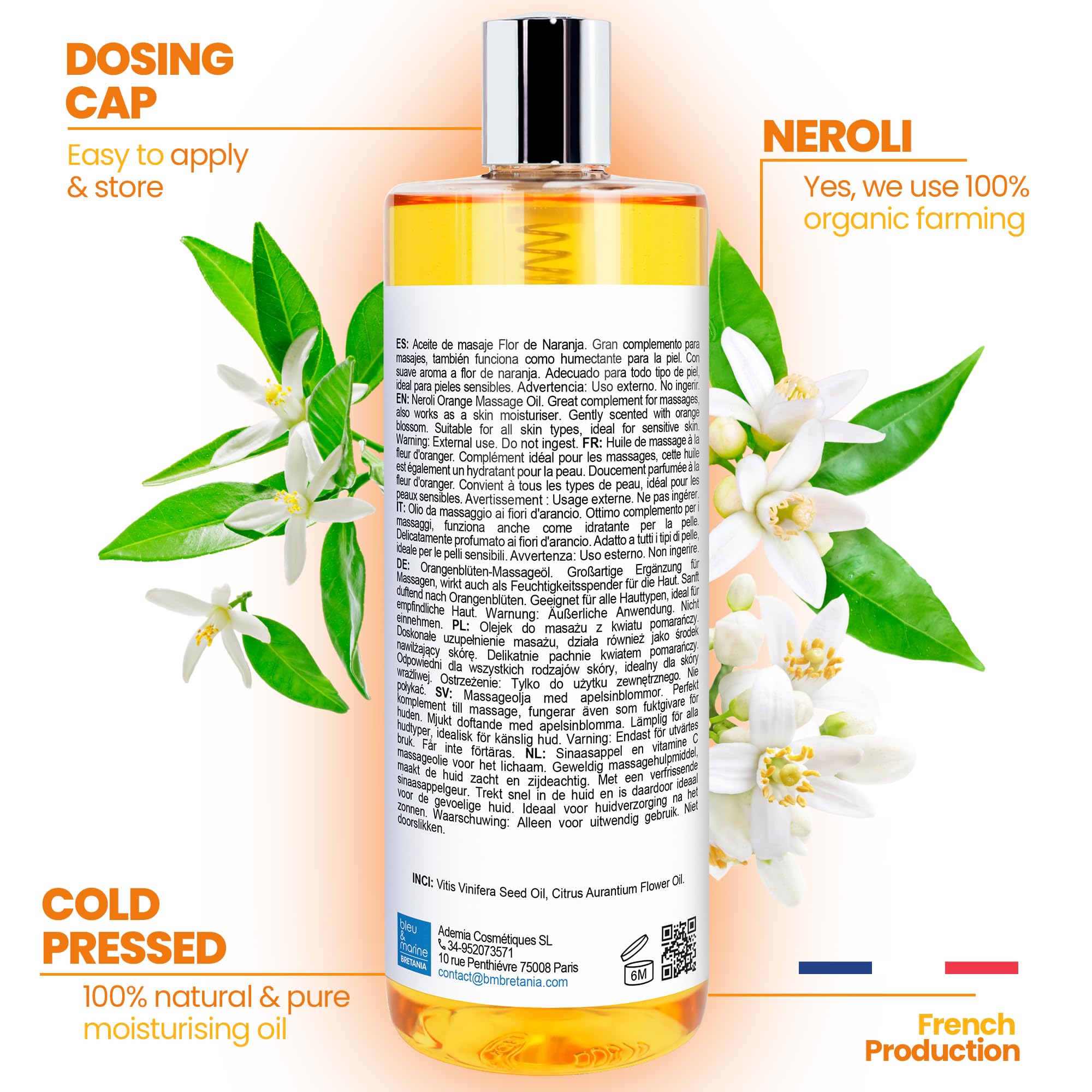 bleu & marine Bretania - Olio di Massaggio Rilassante con Vinaccioli | Lubrificante per Pelle | Aromaterapia Spa a Casa | Olio di Bellezza e Idratante | Allevia Stress e Dolori Muscolari, 200 ml.