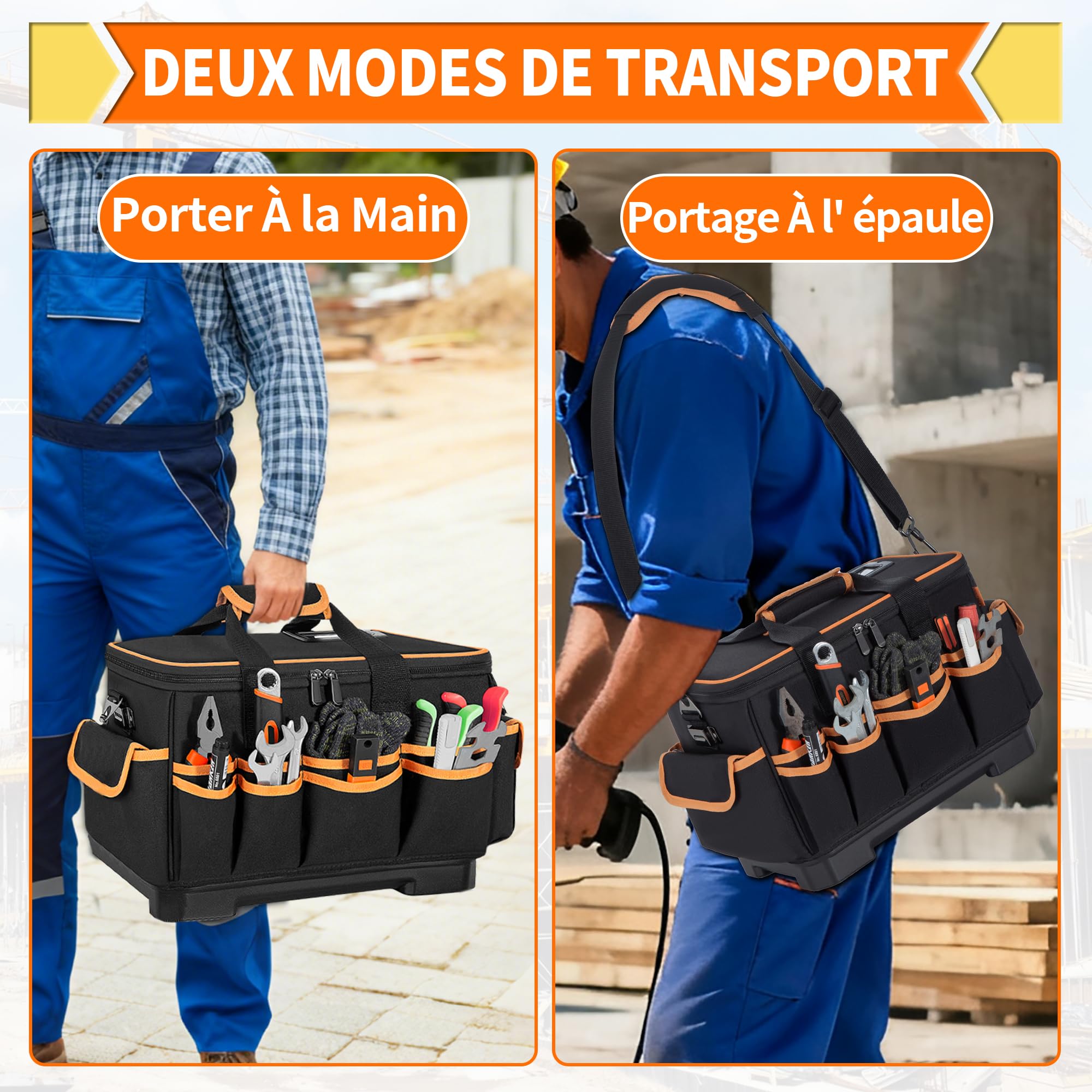 40,5x28x22,5CM Sac à Outils avec 26 Poches et Grande Capacité, Sac de Rangement pour Outils avec Bretelles réglables, Double Fermeture Éclair, Base Rigide Imperméable