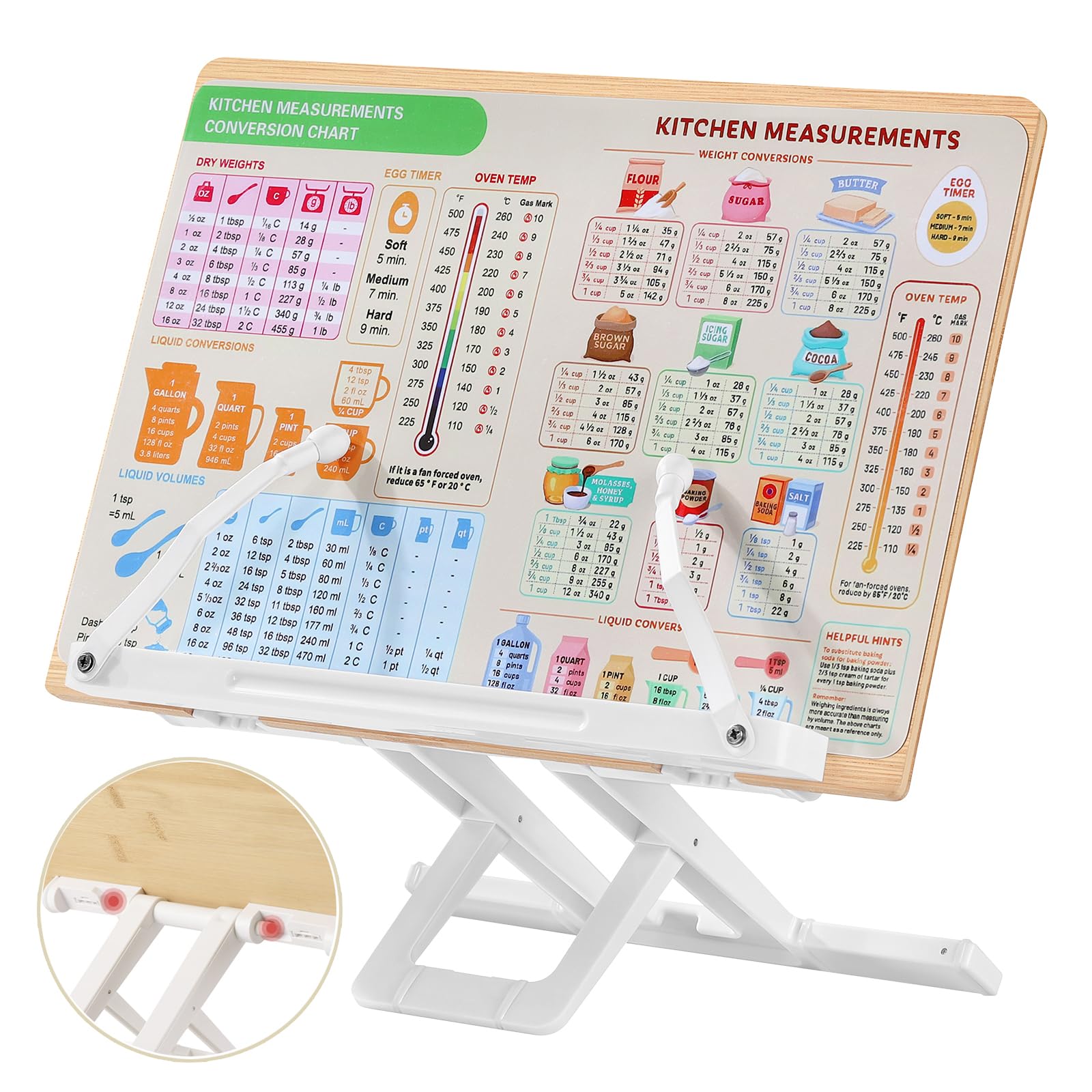 Soporte para libros de lectura, soporte plegable para libros de cocina, bandeja ajustable y clips de papel de página con clips elásticos para recetas, partituras de música, laptop, tableta
