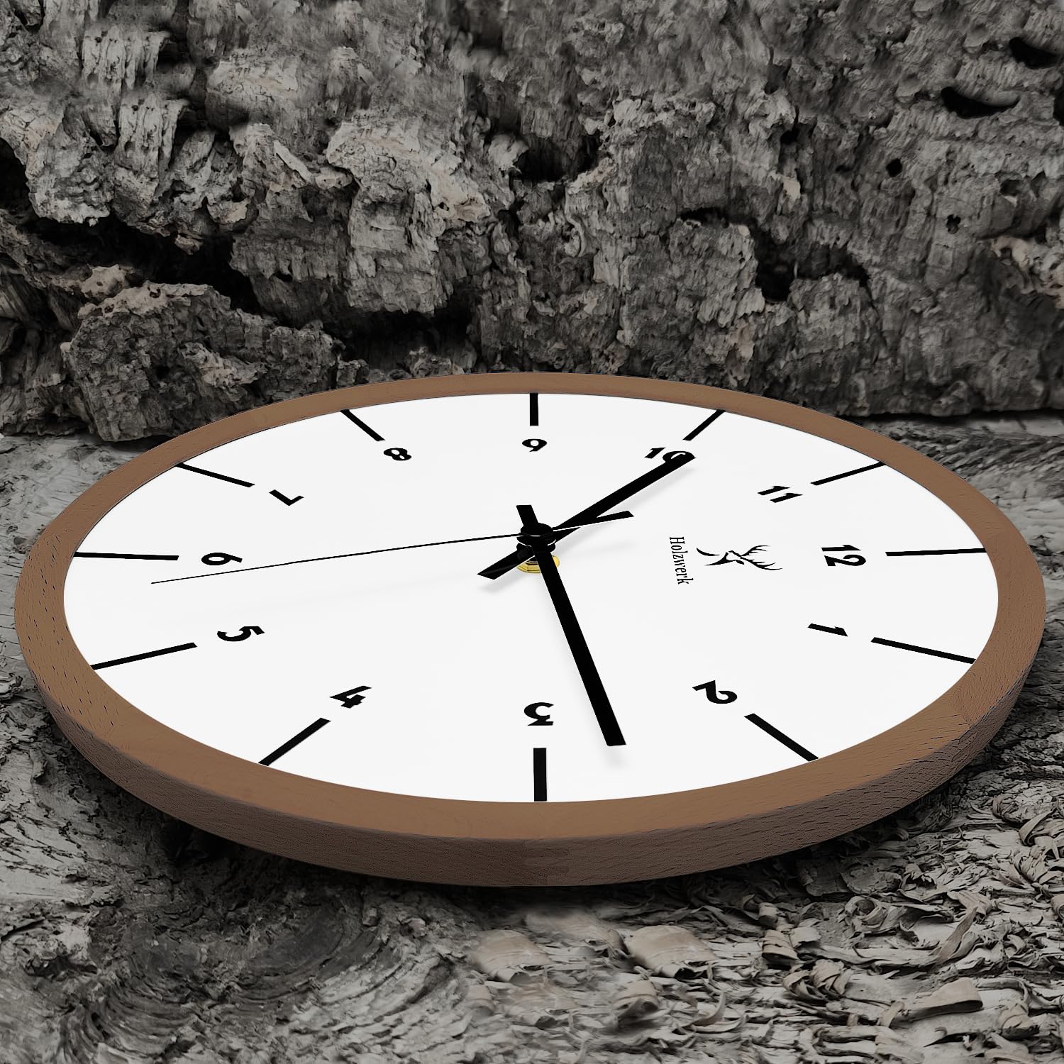 Holzwerk Natur Holz Wanduhr Holz-Uhr Vintage lautloses Uhrwerk ohne Tickgeräusche Braun Weiß lautlos skandinavisches Design aus handgefertigtem Massivholz 32 cm