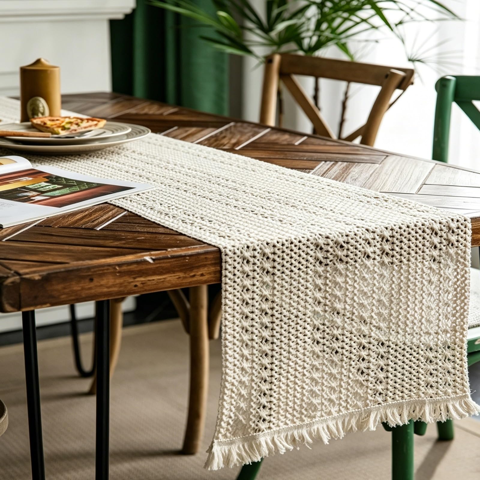 Knitted Tablecloth,Off-white Tasseled Table Runner,French Country Style,Suitable For Dining Rooms And Japanese-style Interiors(L300cm/118.1in)