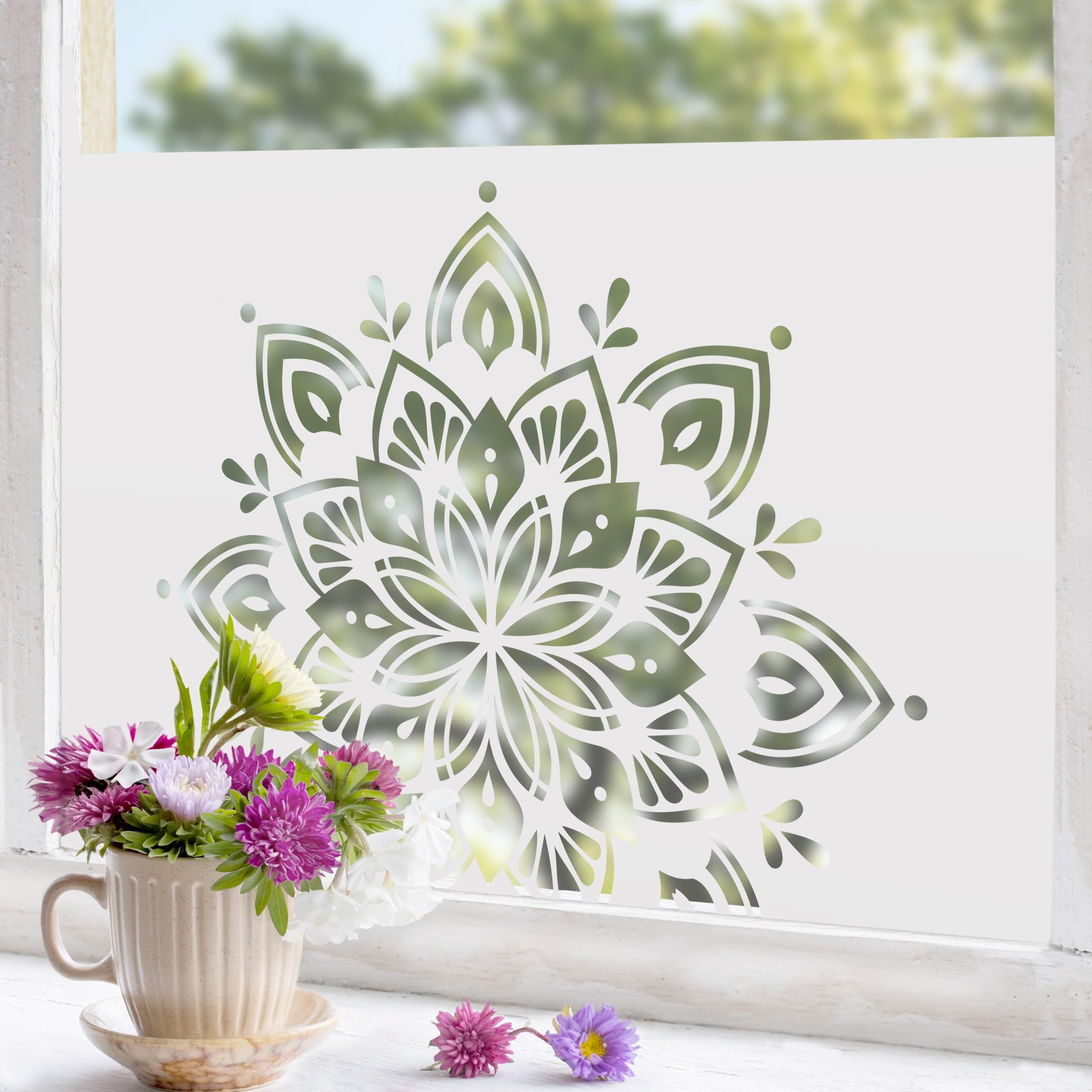 Fensterfolie statisch haftend Spirituell Sichtschutz Milchglas - Made in Germany - Mandala Orientalisch Blickdicht Scheibe Innen Schlafzimmer Wohnzimmer Küche Glas 1695 (80x80cm)