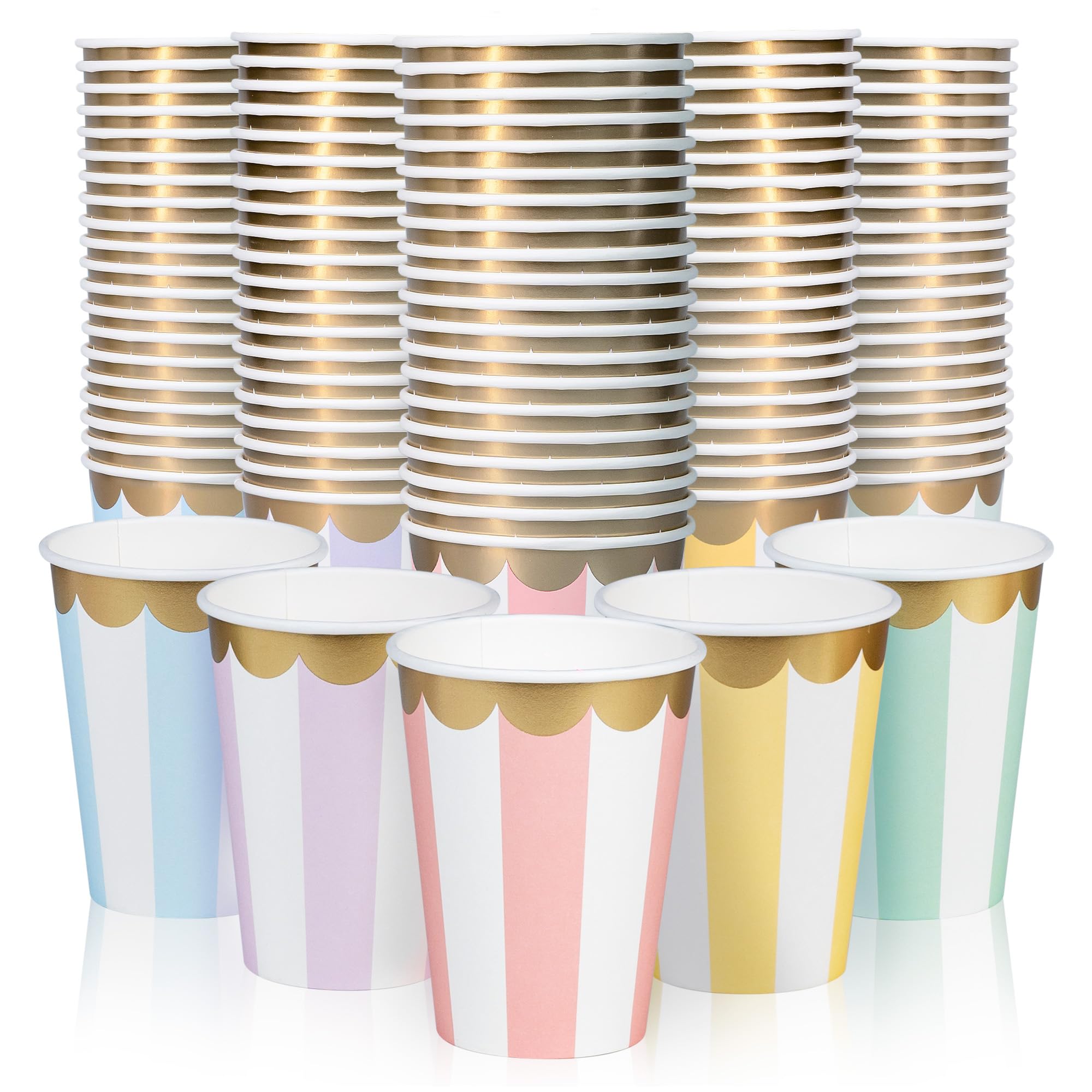 Disposable Paper Coffee Cups, Bulk 100 Pack, 5 Striped Pastel Colorways, Scalloped Gold Foil Details, Leak-Resistant, 12 oz Hot and Cold Cups for Restaurants and Parties