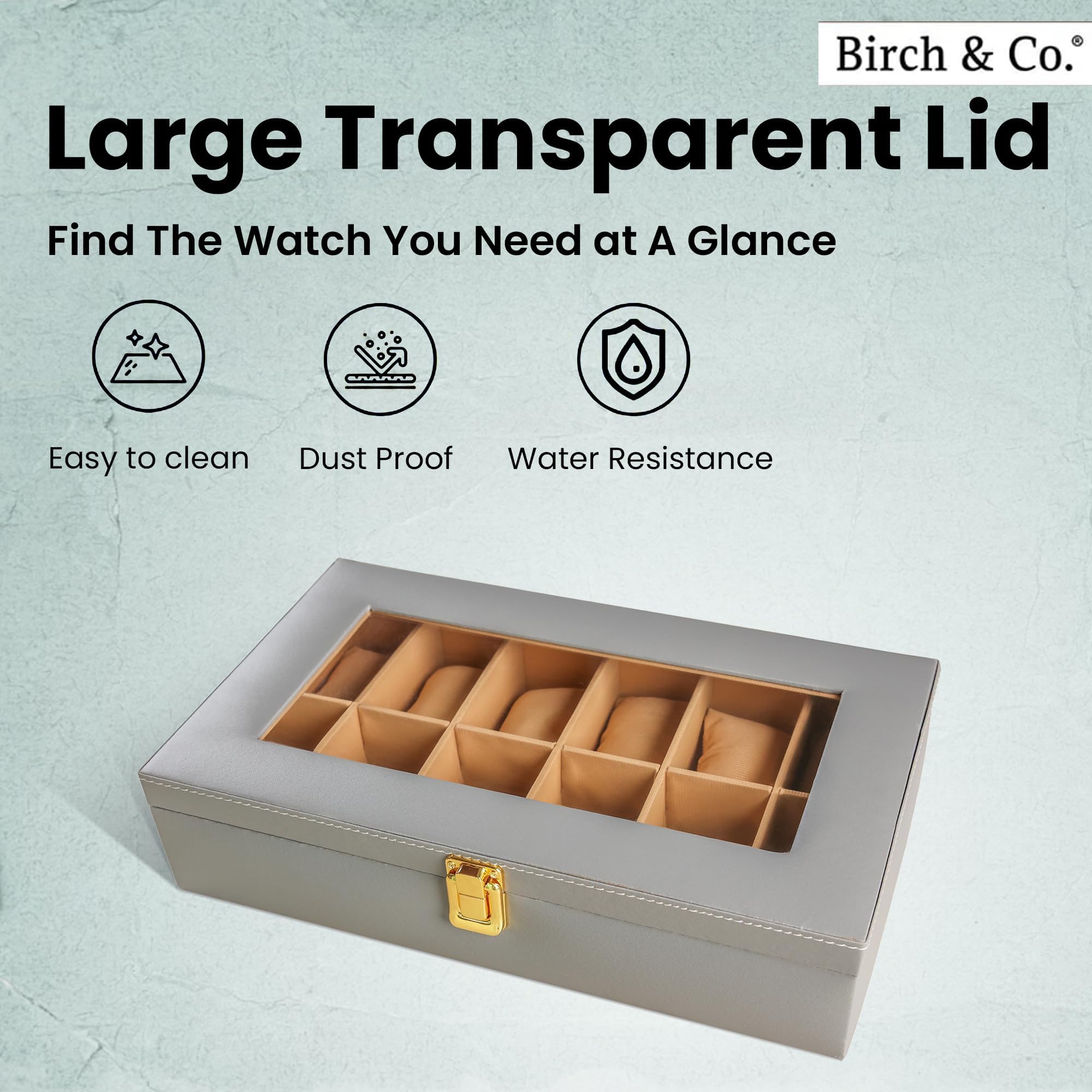 Birch & Co. Boîte de rangement pour montres – Présentoir à 12 emplacements avec couvercle en verre, cuir synthétique, intérieur en velours doux – Rangement élégant pour montres hommes et femmes