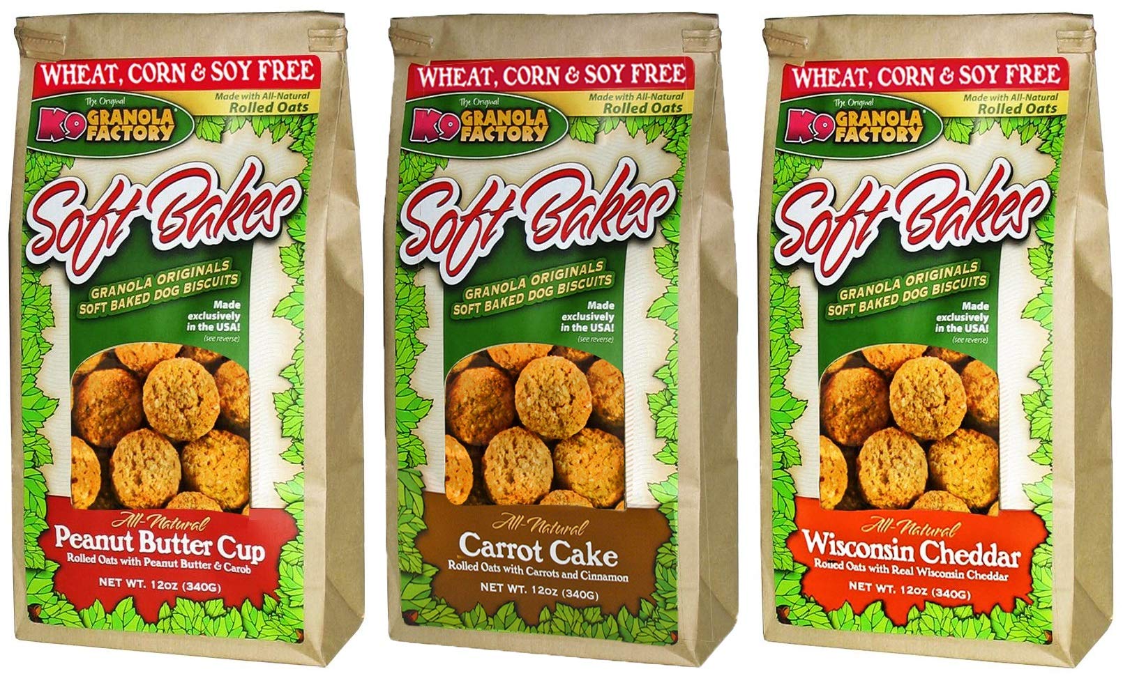 K9 Granola Factory3 Flavor Soft Bakes Dog Treat Variety Pack, 12 Ounces Each of Peanut Butter Cup & Carrot Cake & Wisconsin Cheddar