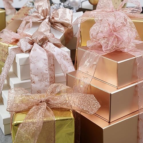 Miniatura 7 de HUIHUANG Cinta de Navidad con alambre de 2.5 pulgadas, cinta de oro rosa para árbol de Navidad, cintas rosadas para envolver regalos, decoraciones