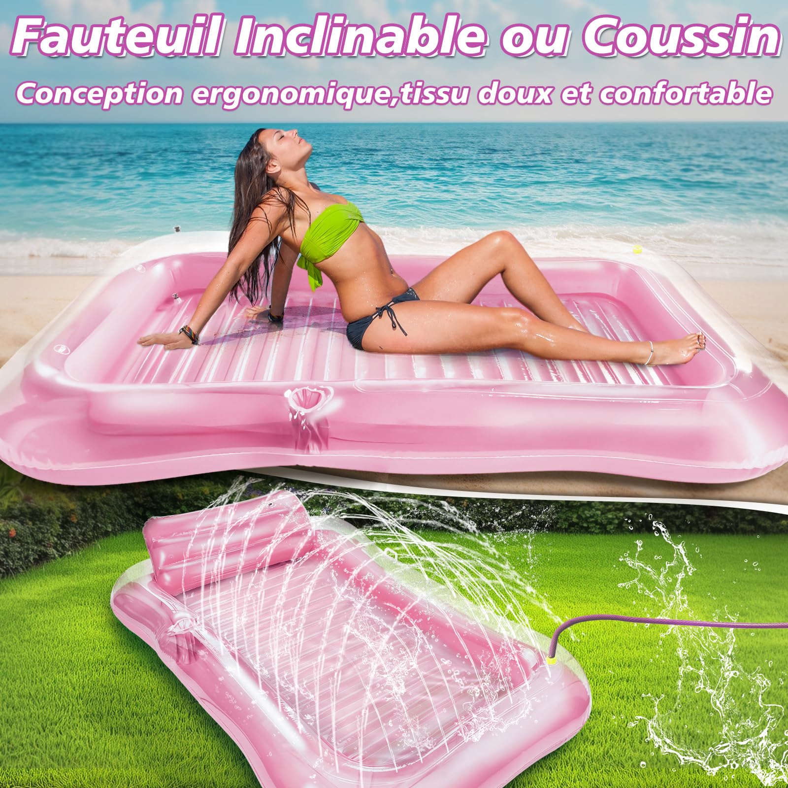JONRRYIN Matelas Gonflable Adultes, Hamac Flottant avec Dossier Tanning Pool, Fauteuil de Bain avec Coussins 200 × 124 cm pour Fêtes de Plage et Piscine