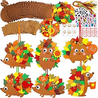 Winlyn 24 Sets Fall Craft Kits Fall Kids Crafts DIY Fall Leafy Hedgehog Ornaments Decorations Art Sets Fall Leaf Foam Stickers Arts and Crafts Googly Eyes for Kids Thanksgiving Classroom Activities