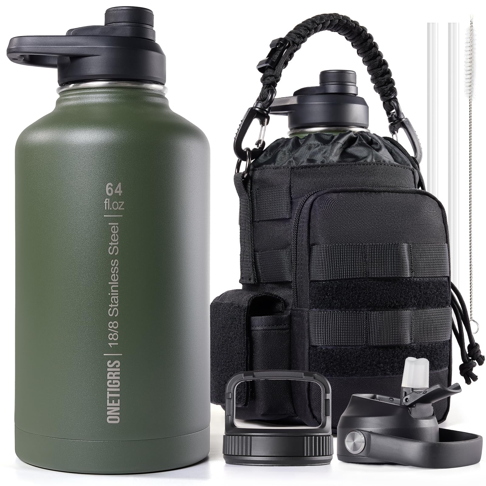 OneTigris Edelstahl Trinkflasche, Wasserflasche 1,9L Hohe Kapazität, Sportflasche mit gute Isolationswirkung für Fahrrad, Camping, Yoga, Gym, Softair, OD Grün, 64OZ
