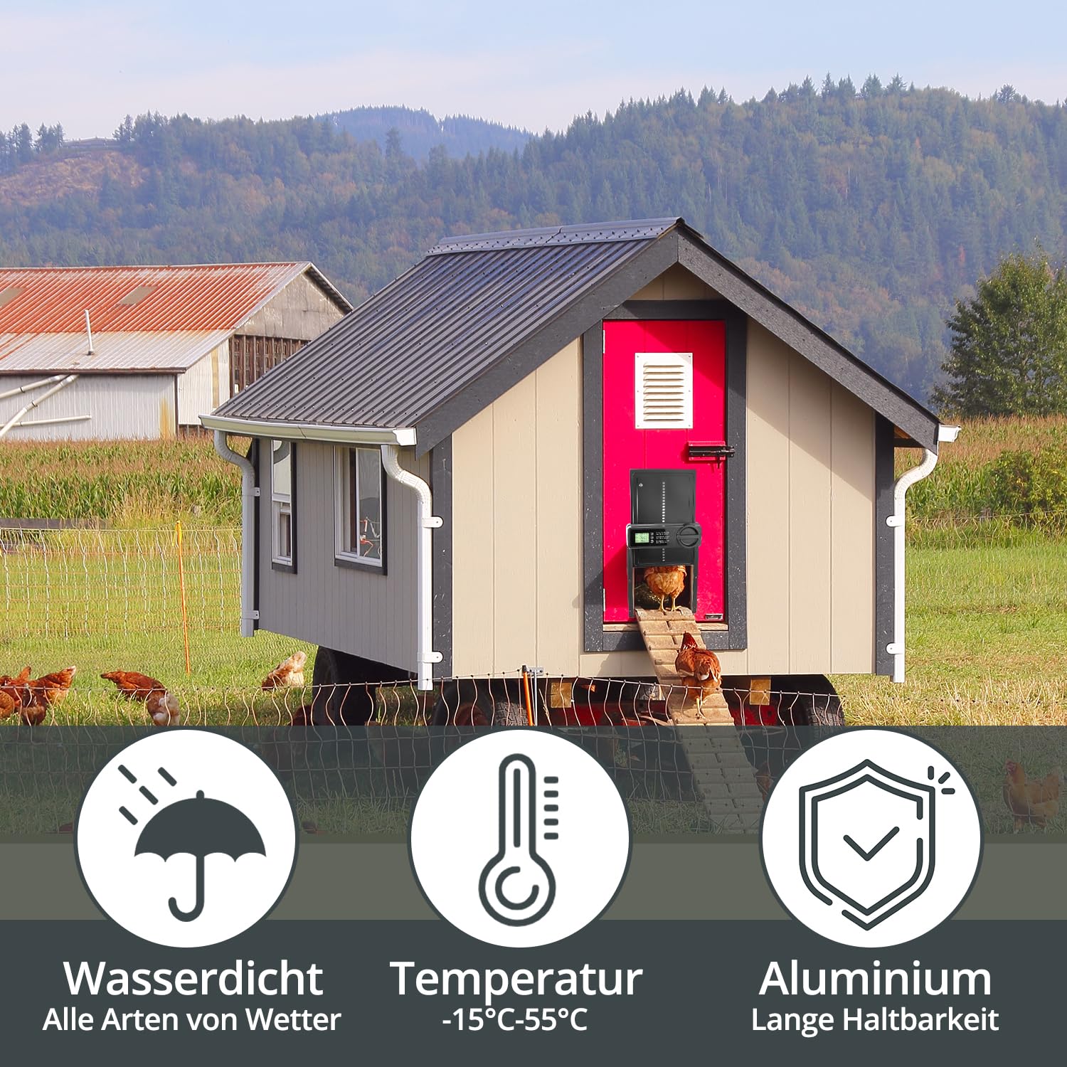 QWORK® Porta Automatica Pollaio, Porta Pollaio in Lega Alluminio con Timer, Schermo LCD, Avviso di Batteria Scarica
