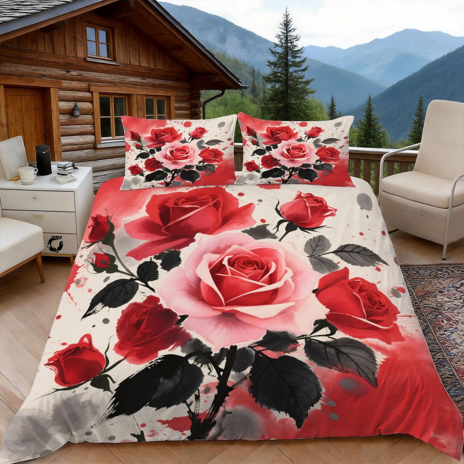 Housse de couette 220x240 rose aquarelle parure de lit 2 personnes avec taies