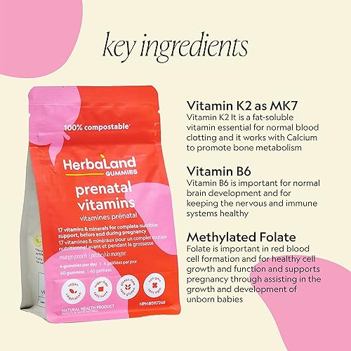 Miniatura 4 de Herbaland Gomitas prenatales veganas  17 vitaminas y minerales para apoyar el embarazo, vitamina A, C, B6, D3, K2, biotina, folato, calcio, azúcar y