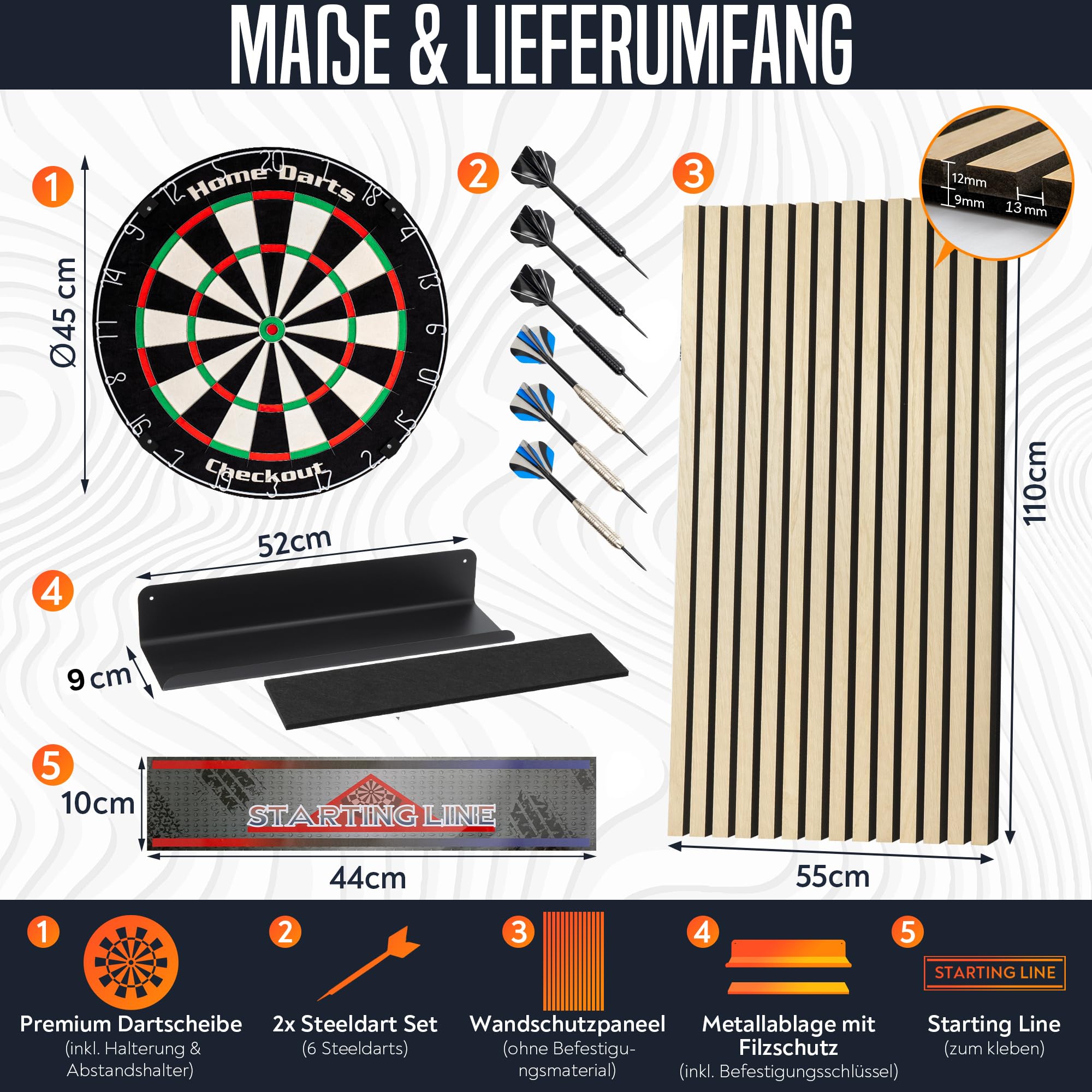 HOME LOVE® Dartscheibe Steeldart mit Dart Wandschutz & Ablage – Premium Sisal Dartboard Set mit 6 Steel-Darts & schalldämmender Rückwand – Steeldartscheibe Geschenk für Dart-Fans