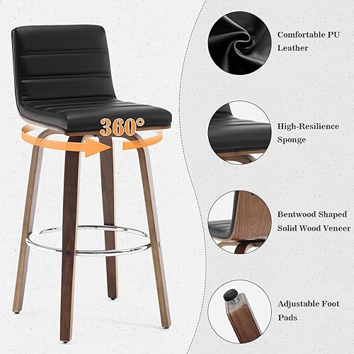 Miniatura 3 de Taburetes de bar de 29 pulgadas de altura, taburetes de bar giratorios con respaldo, taburete de bar tapizado de piel sintética, respaldo en forma