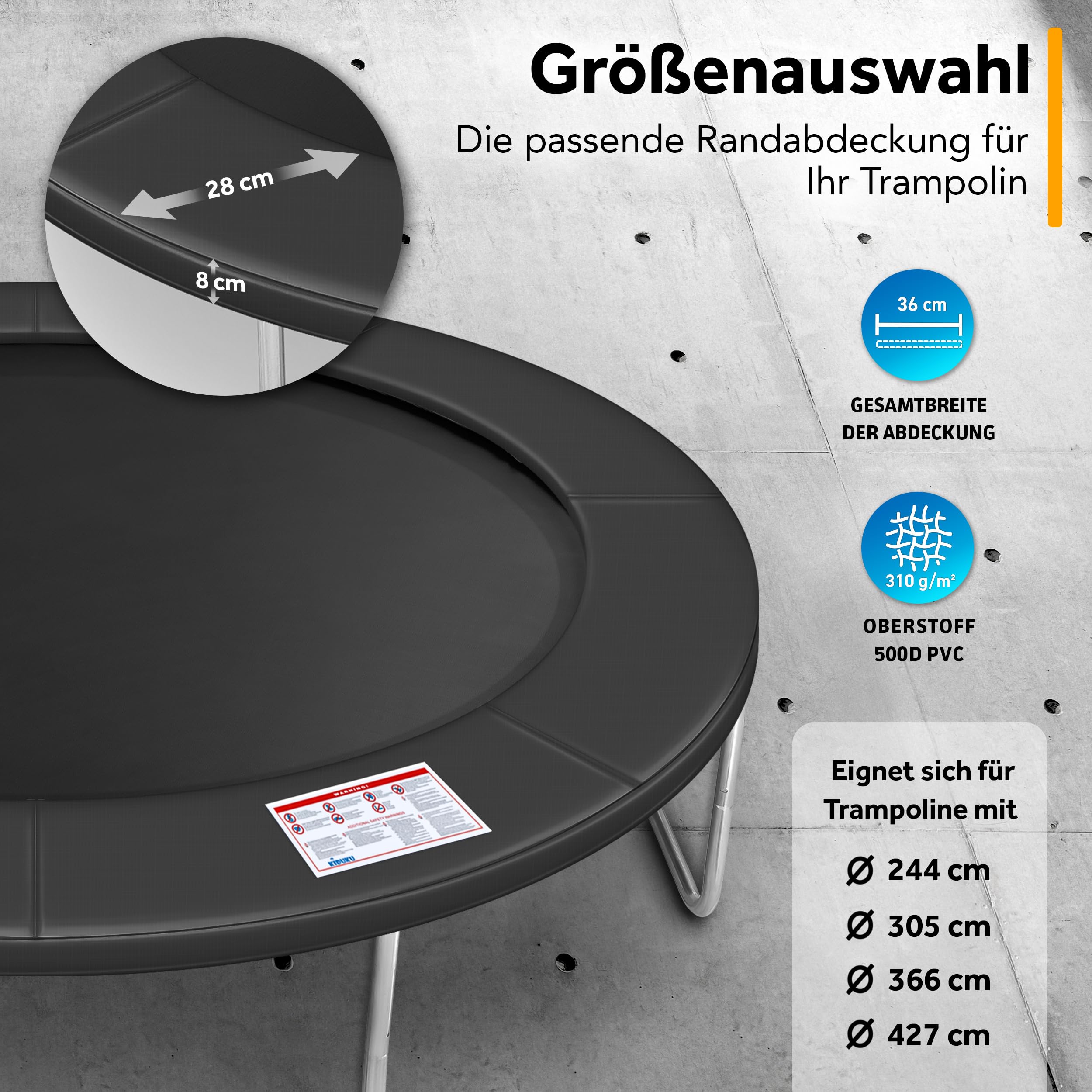 KIDUKU Trampolin Randabdeckung | Ø 244cm 305cm 366cm 427cm | reißfest | 100% UV-beständig Federabdeckung Randschutz