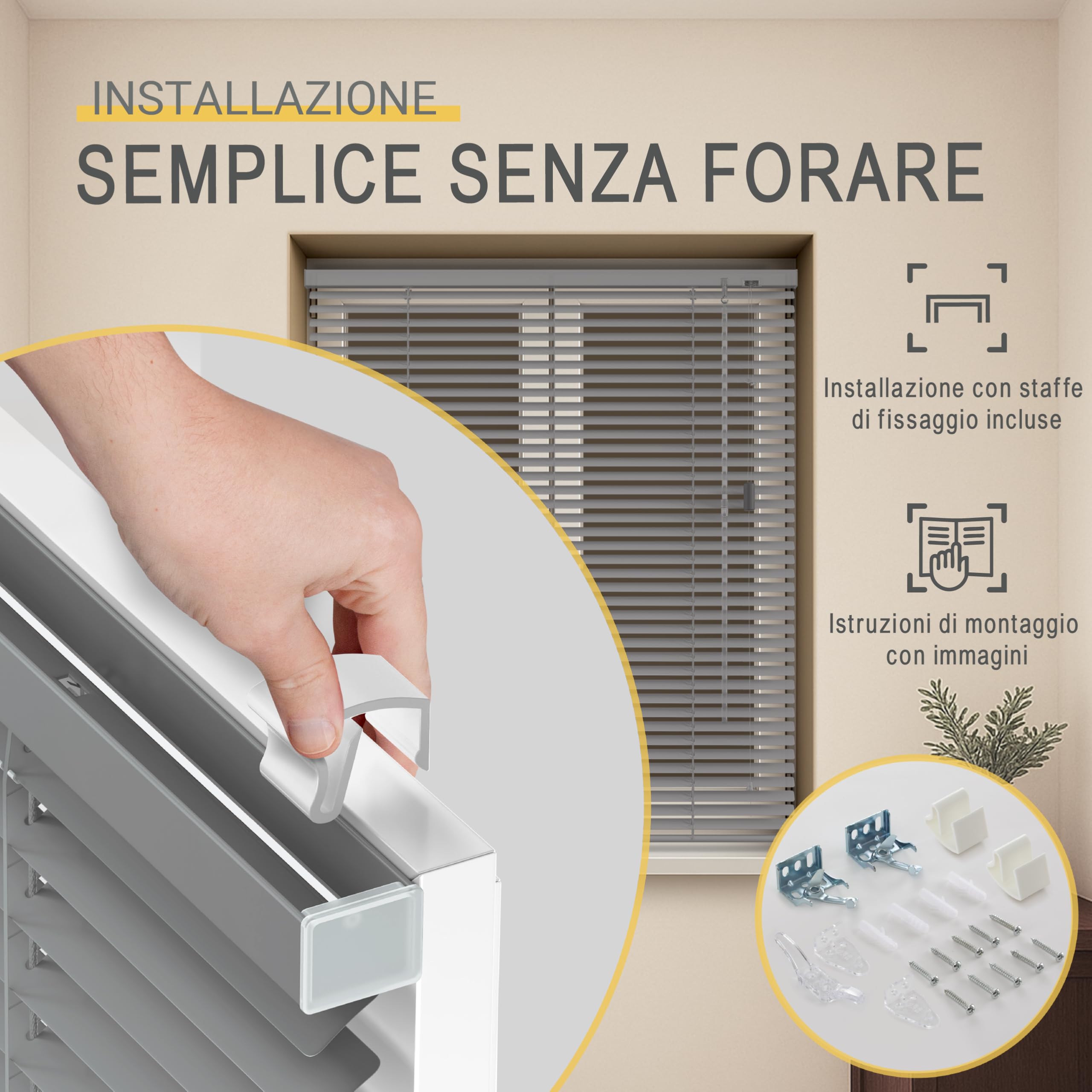 Sol Royal Tende veneziane in alluminio senza forature 60x175 cm incl. supporto a morsetto – Tenda veneziana in alluminio per finestre interne larghezza 60 cm, lamelle 25 mm – Argento opaco – JA2